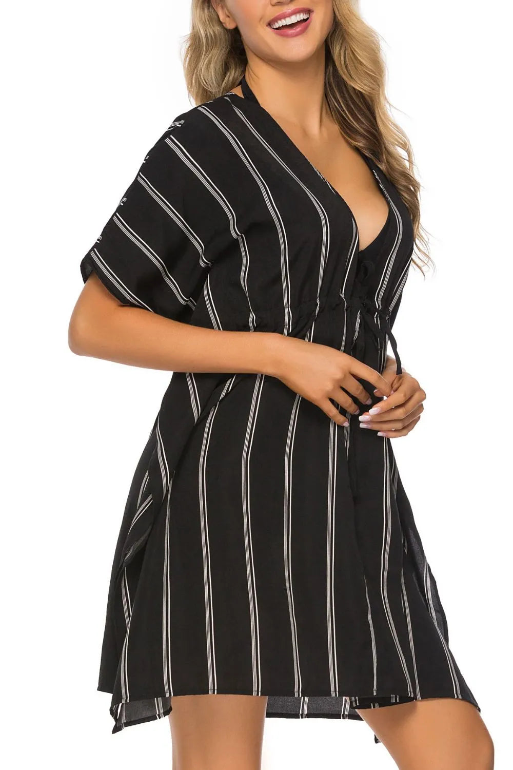 Striped Drawstring V-Neck Beach Cover-Up Dress