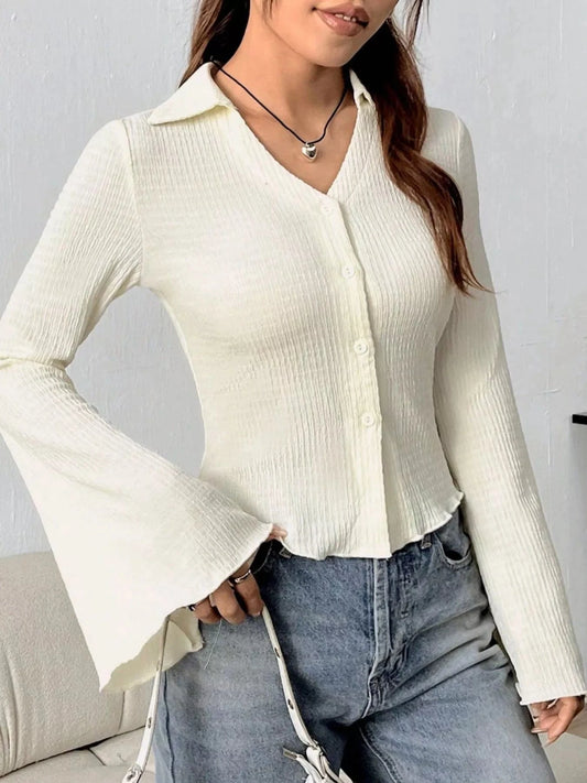Women tops Apricot / S Button Up Flare Sleeve Shirt Button Up Flare Sleeve Shirt