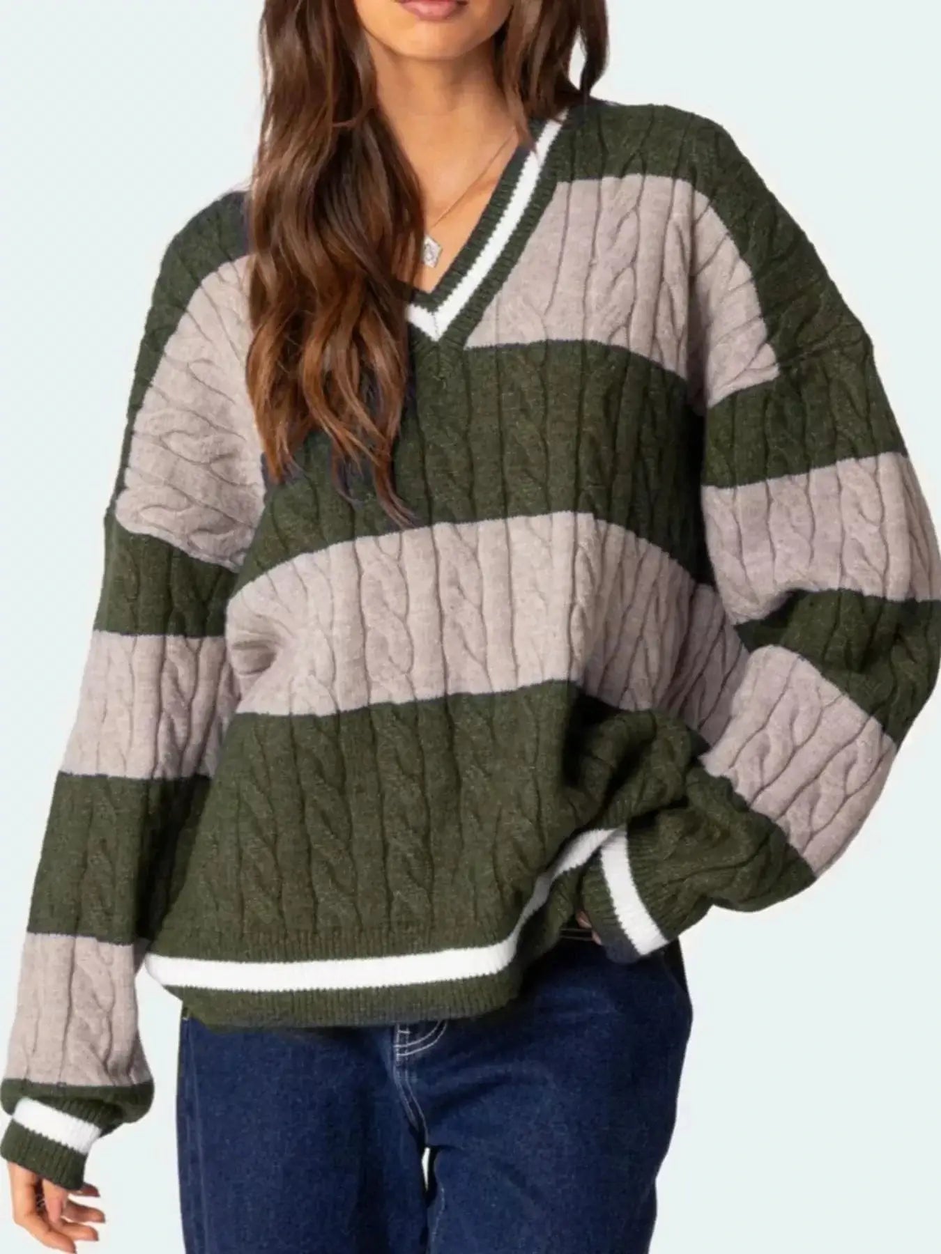 Women tops Army Green / S Striped Cable Knit V-Neck Sweater Striped Cable Knit V-Neck Sweater