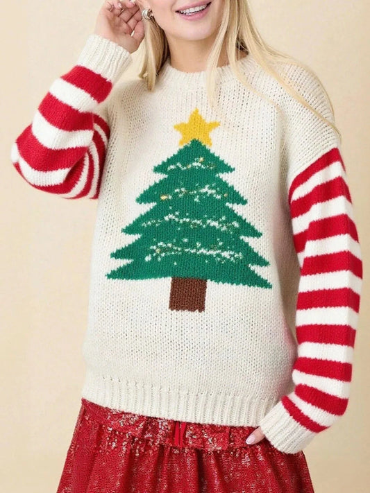 Women tops Beige / S Christmas Tree Round Neck Sweater Christmas Tree Round Neck Sweater