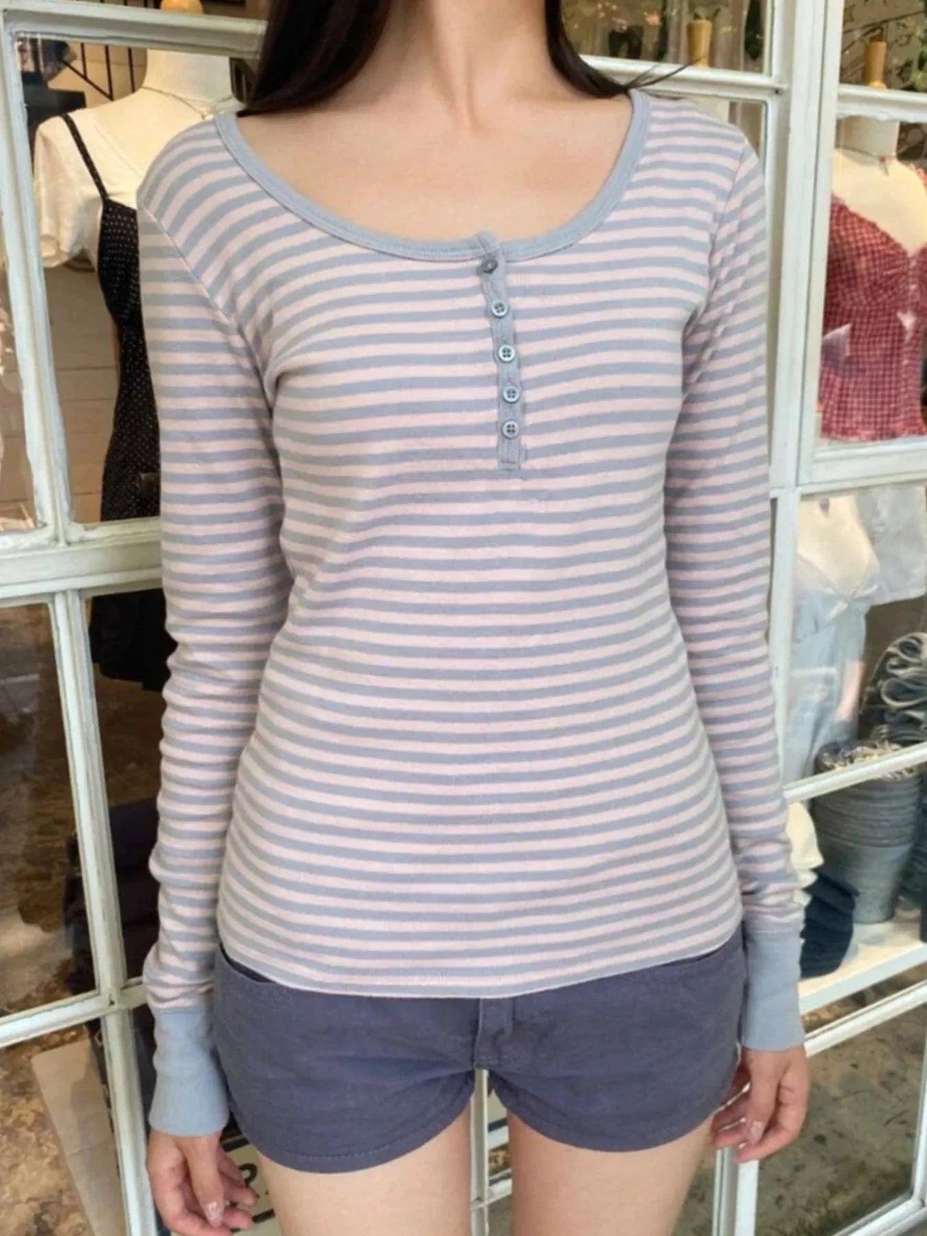 Women tops Beige / S Striped Long Sleeve Henley T-Shirt Striped Long Sleeve Henley T-Shirt