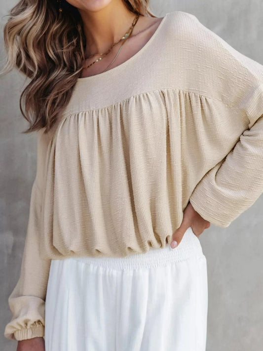 Women tops Beige / S Textured Drop Shoulder Long Sleeve Top Textured Drop Shoulder Long Sleeve Top