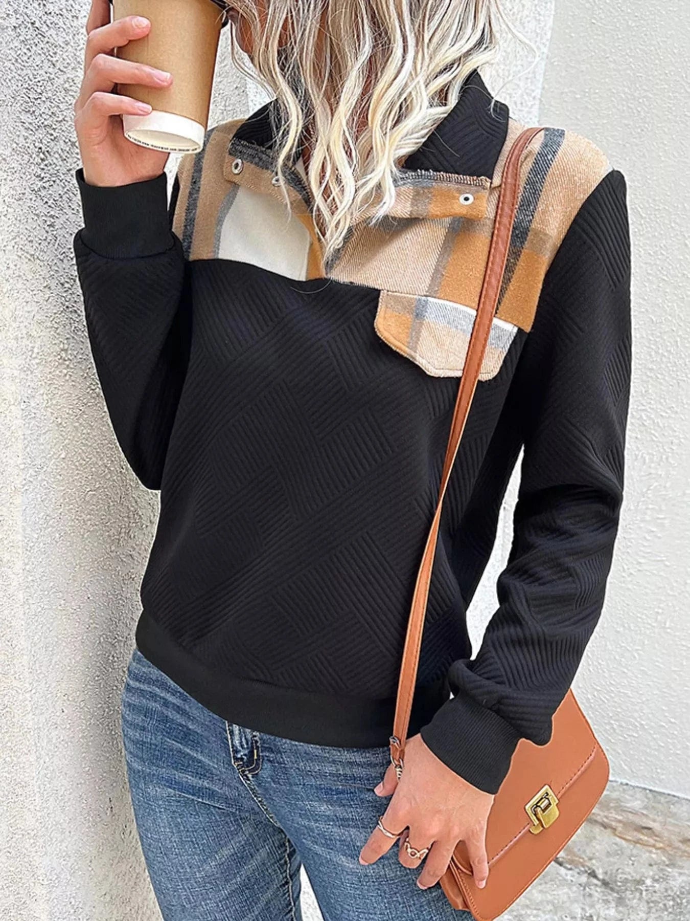Women tops Black / S Color Block Texture Long Sleeve Sweatshirt Color Block Texture Long Sleeve Sweatshirt