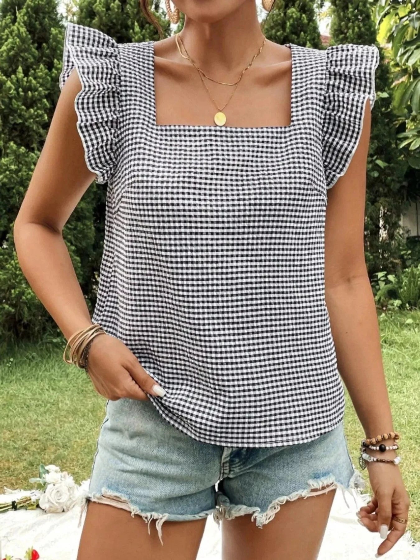 Women tops Black / S Gingham Ruffle Sleeve Square Neck Blouse Gingham Ruffle Sleeve Square Neck Blouse