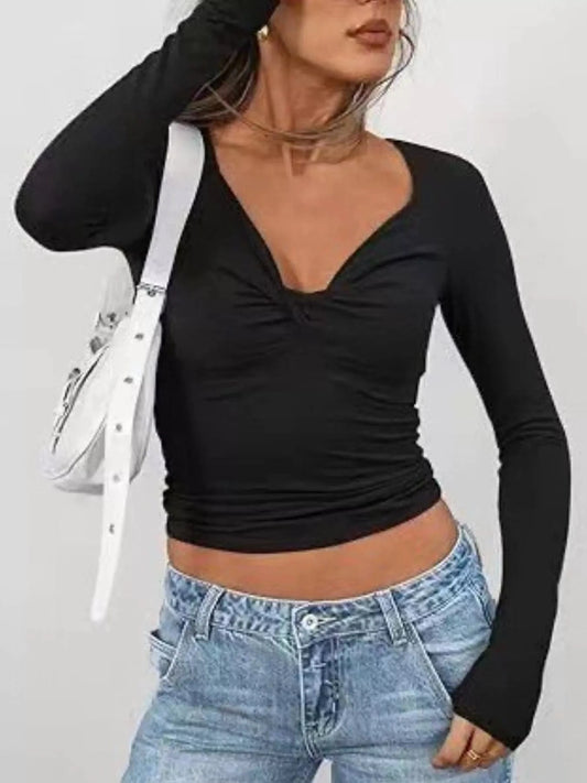Women tops Black / S Twist Front Long Sleeve Fitted T-Shirt Twist Front Long Sleeve Fitted T-Shirt