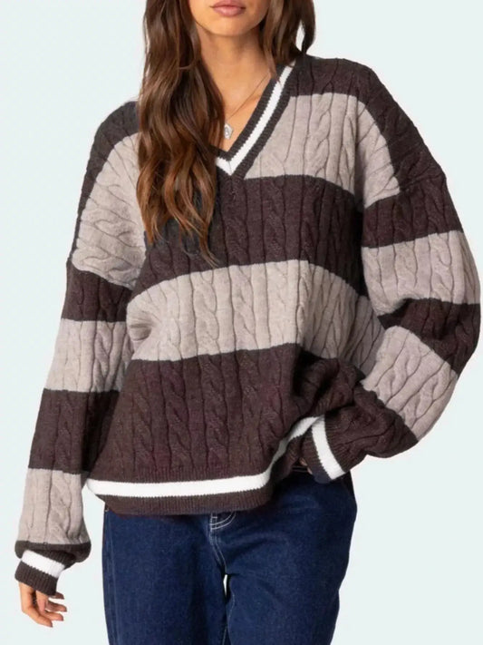Women tops Brown / S Striped Cable Knit V-Neck Sweater Striped Cable Knit V-Neck Sweater