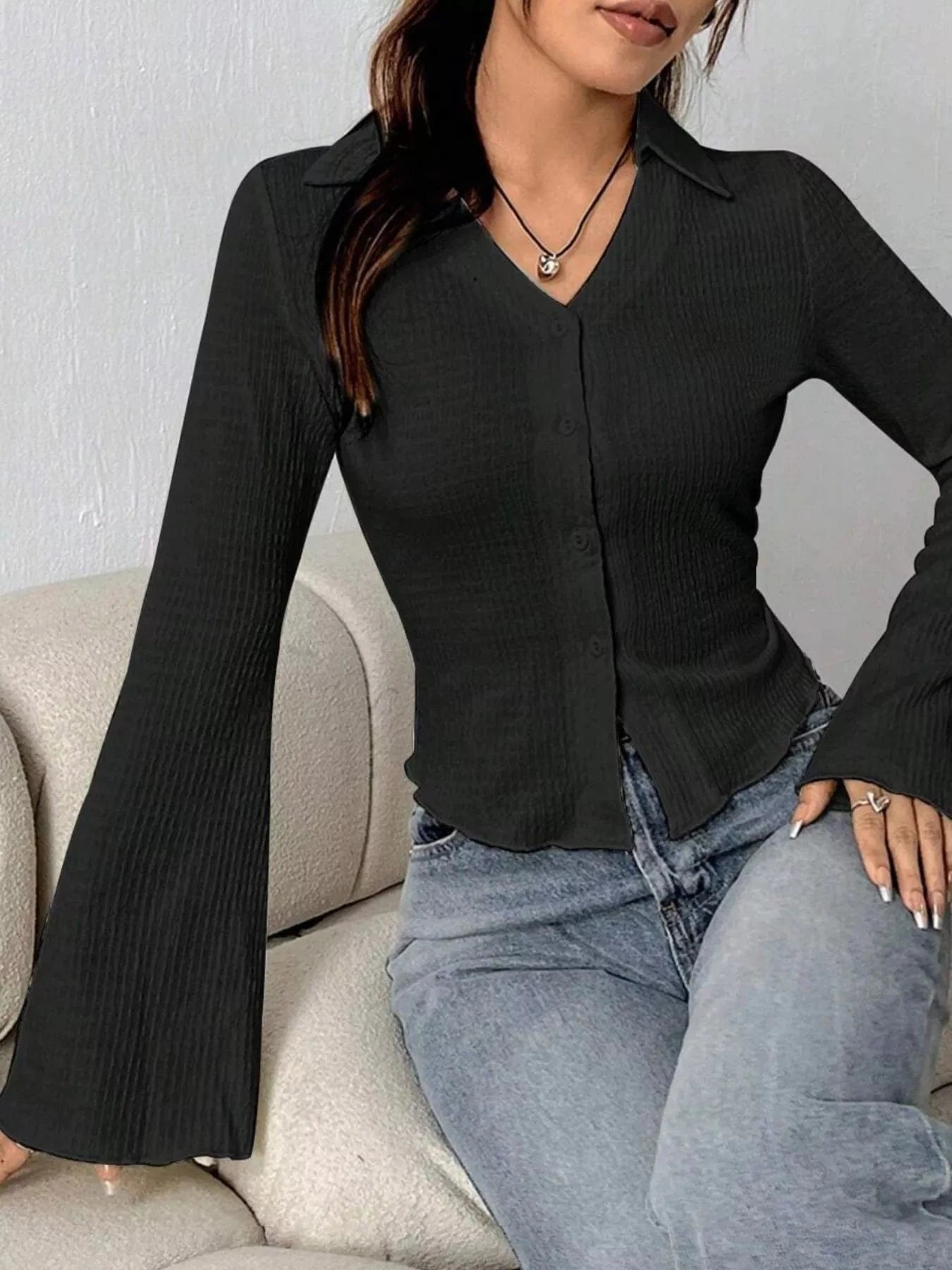 Women tops Button Up Flare Sleeve Shirt Button Up Flare Sleeve Shirt