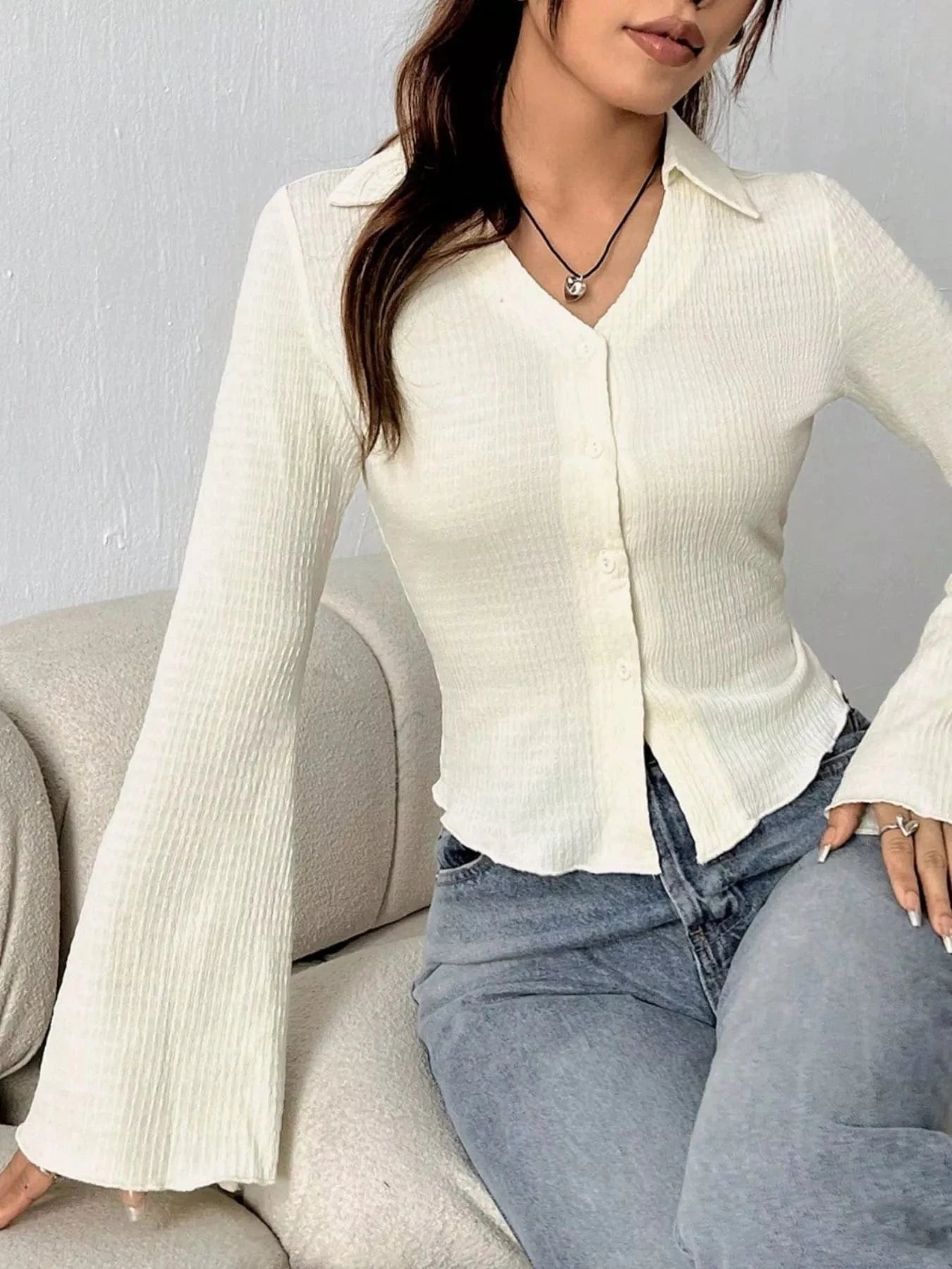Women tops Button Up Flare Sleeve Shirt Button Up Flare Sleeve Shirt