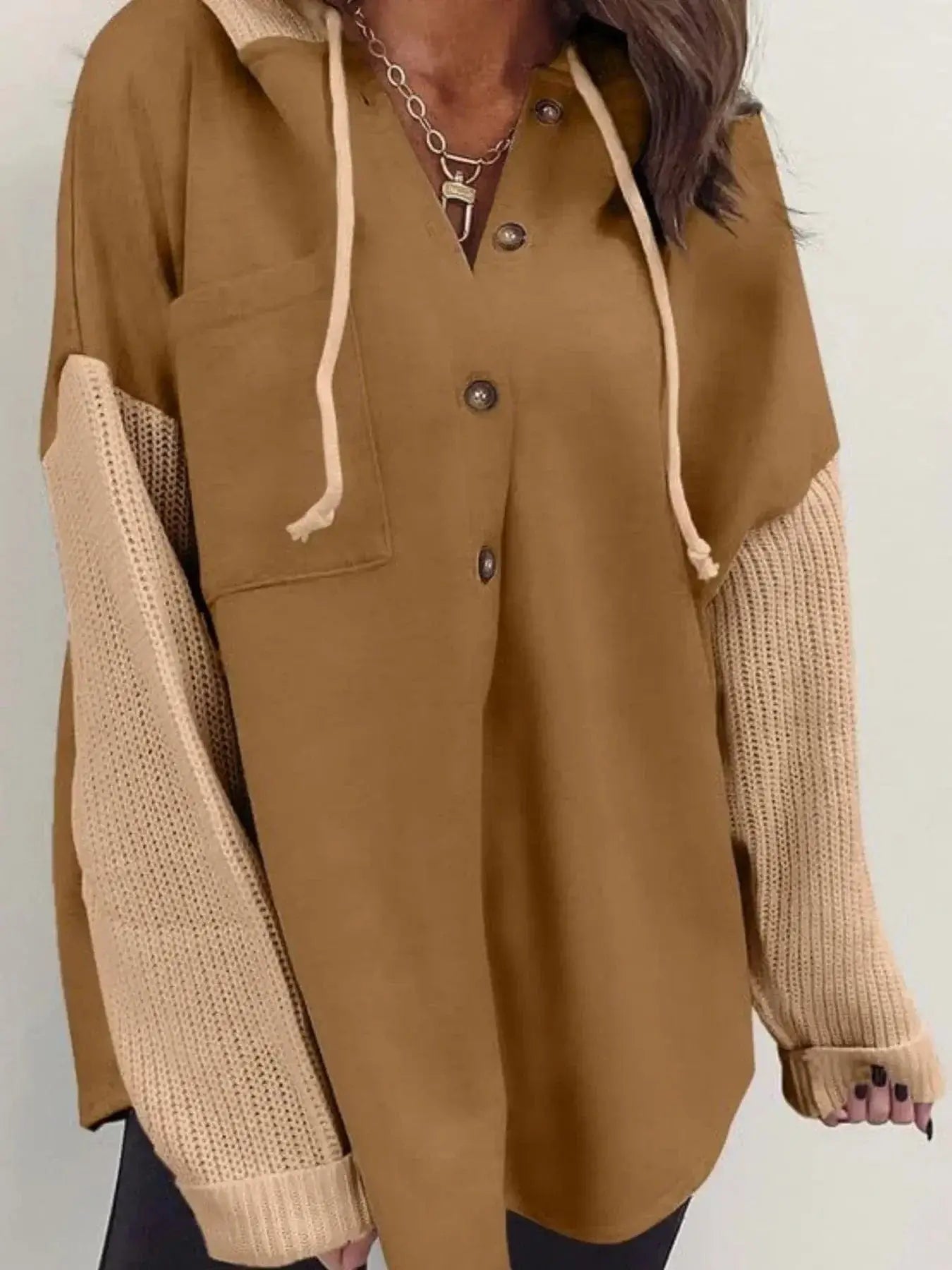 Women tops Camel / S Drawstring Button Front Hoodie Drawstring Button Front Hoodie