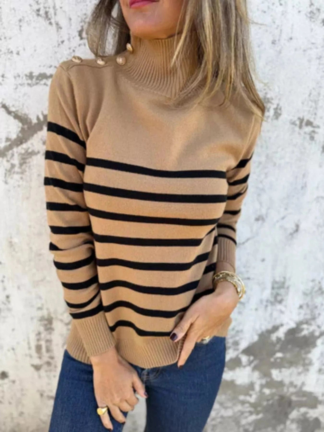 Women tops Camel / S Full Size Striped Turtleneck Long Sleeve Sweater Plus Size Full Size Striped Turtleneck Long Sleeve Sweater Plus Size