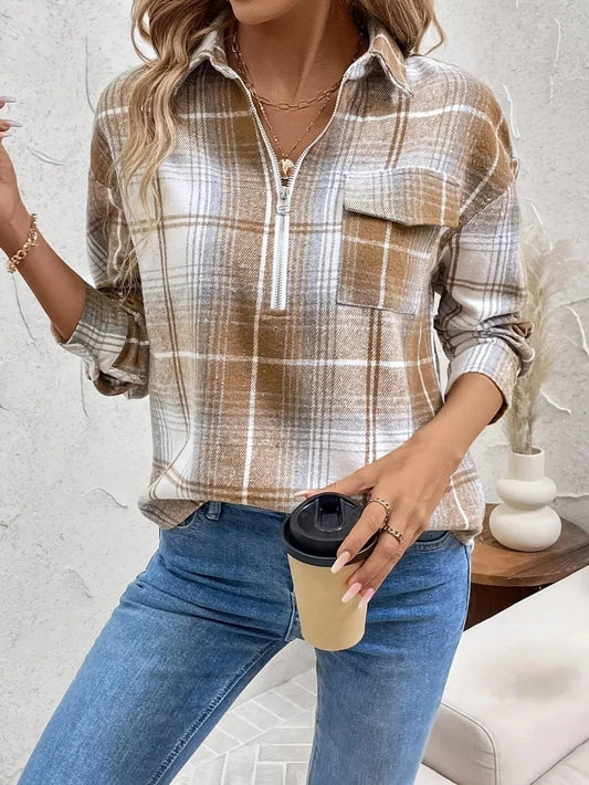 Women tops Camel / S Plaid Collared Neck Half Zip Long Sleeve Top Plaid Collared Neck Half Zip Long Sleeve Top