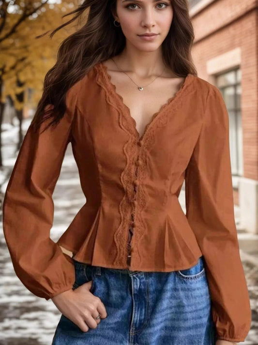 Women tops Caramel / S Lace Detail Balloon Sleeve Blouse Lace Detail Balloon Sleeve Blouse
