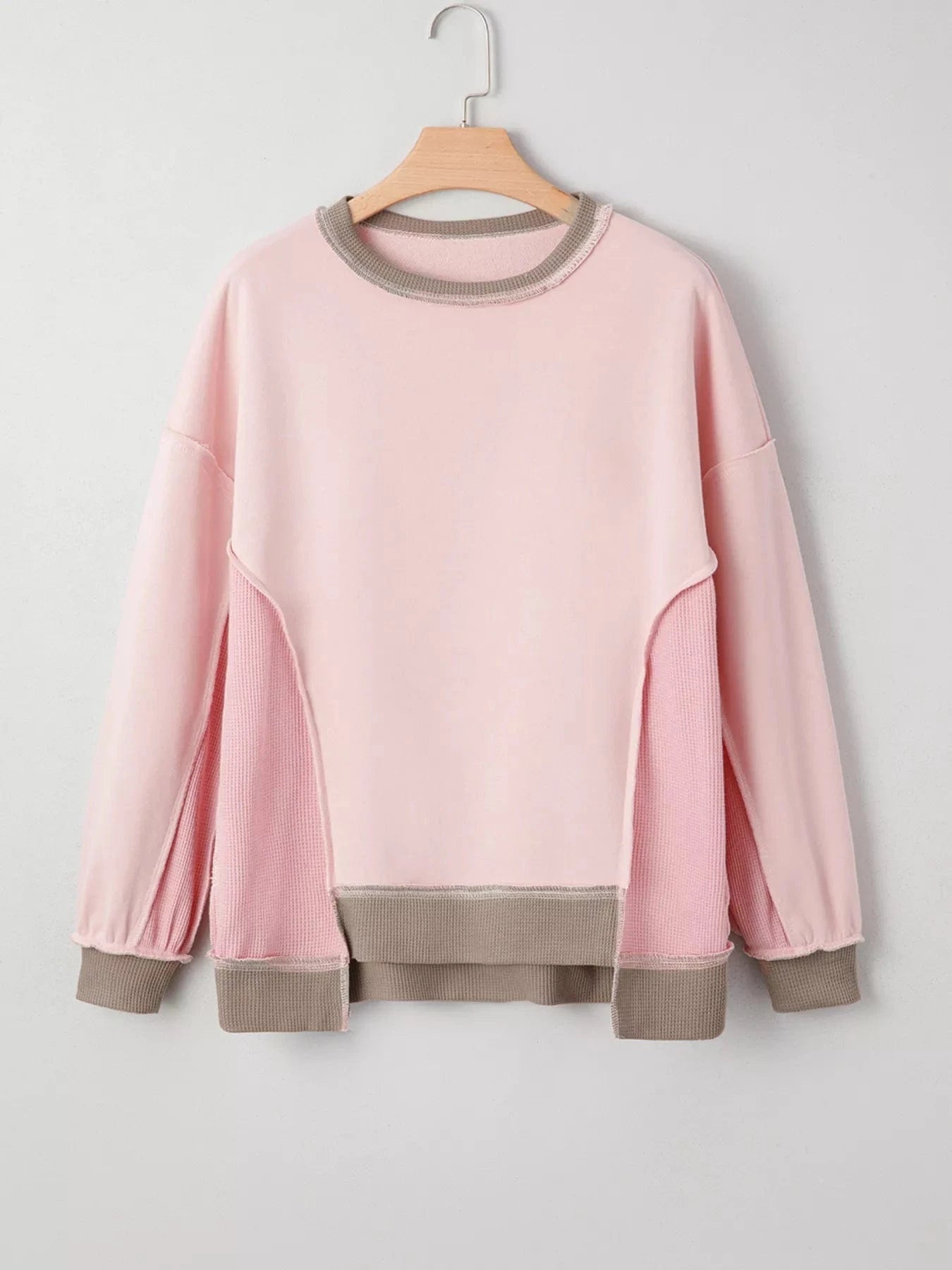 Women tops Color Block Mix Texture Waffle Patchwork Oversize Sweatshirt Color Block Mix Texture Waffle Patchwork Oversize Sweatshirt