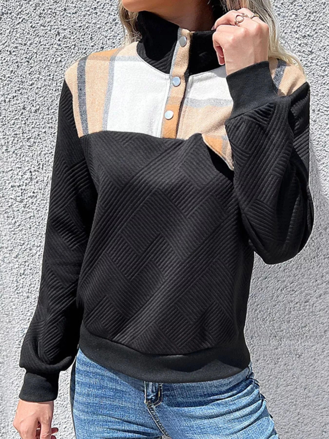 Women tops Color Block Texture Long Sleeve Sweatshirt Color Block Texture Long Sleeve Sweatshirt