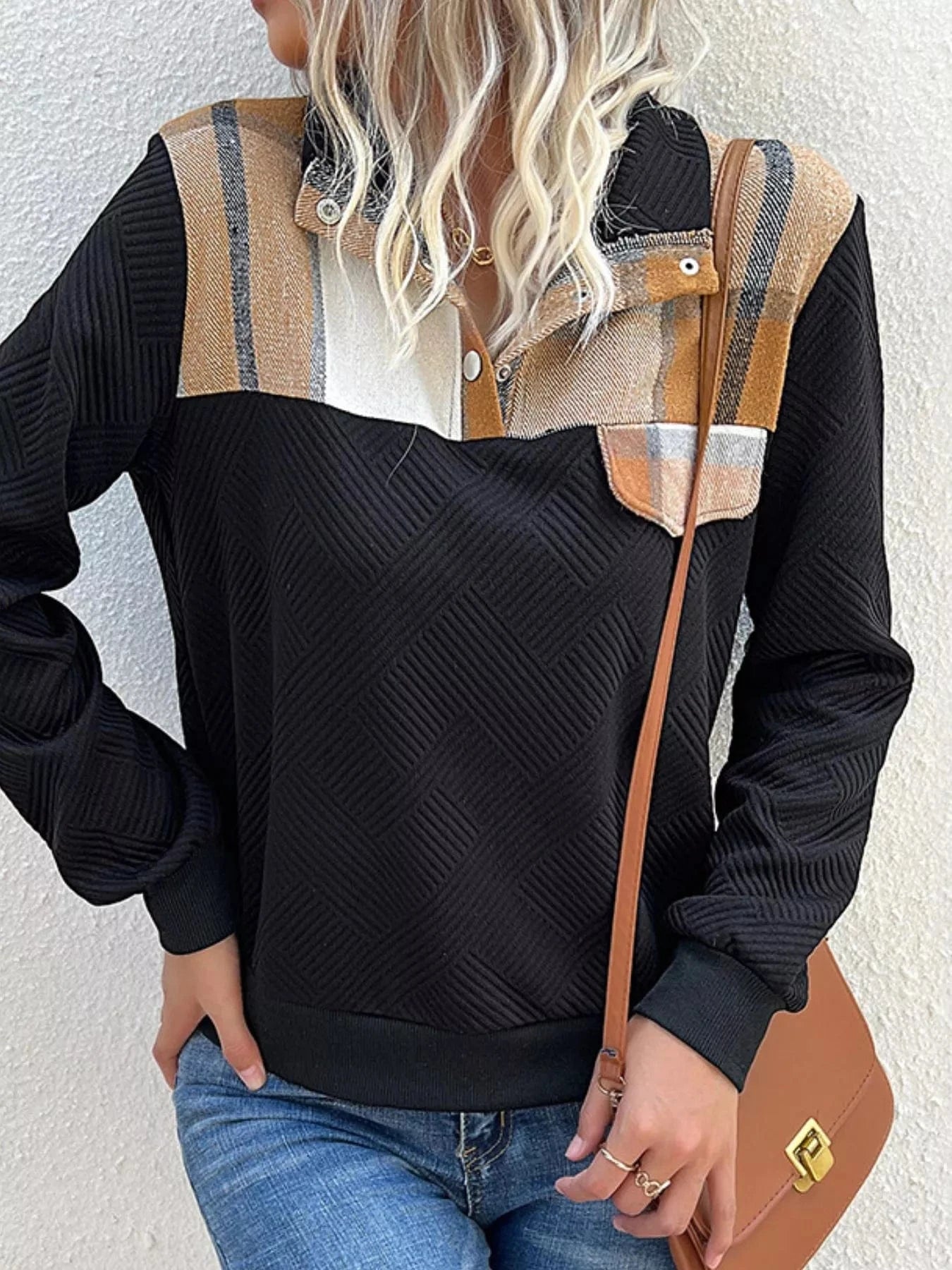 Women tops Color Block Texture Long Sleeve Sweatshirt Color Block Texture Long Sleeve Sweatshirt