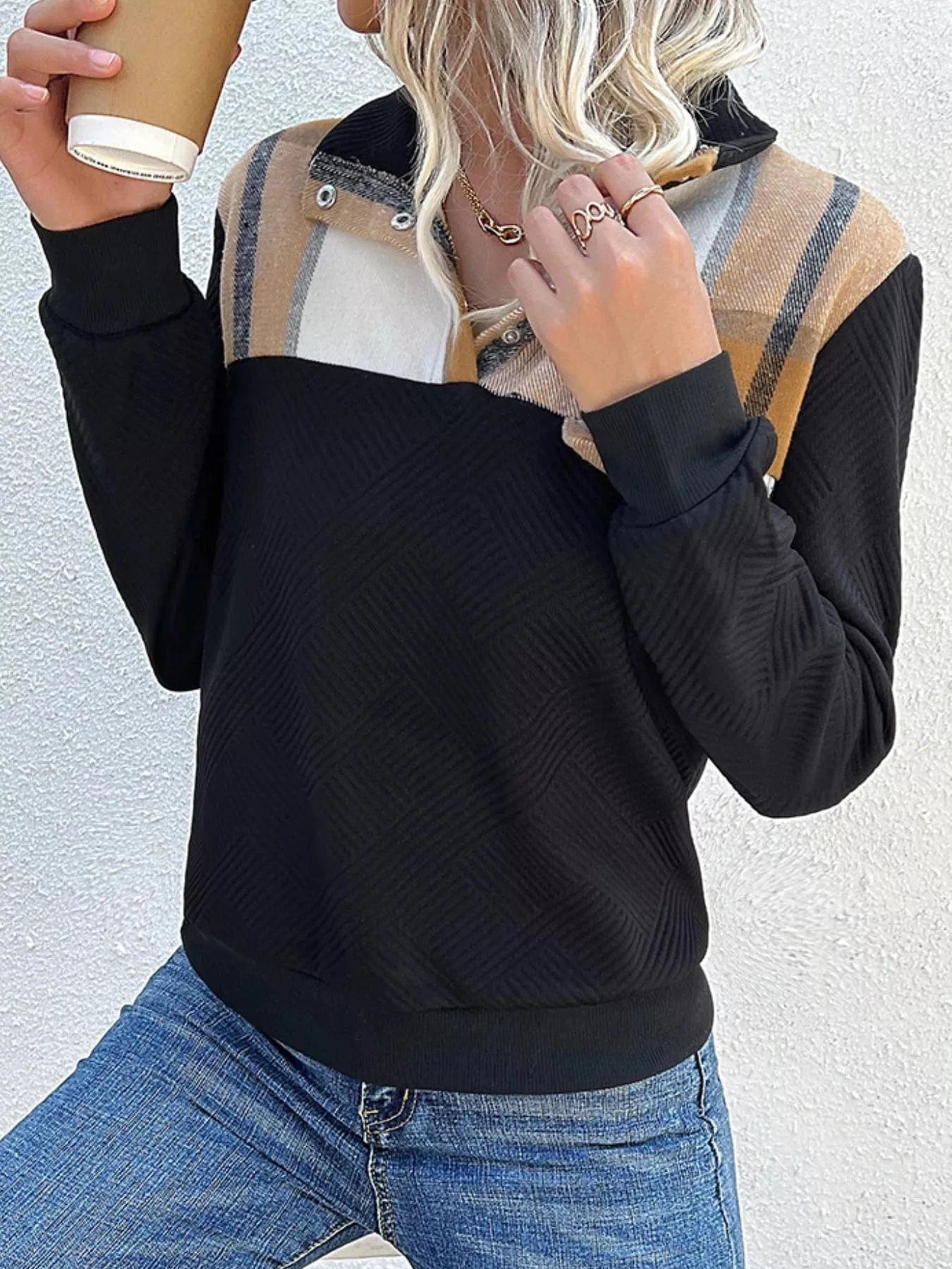Women tops Color Block Texture Long Sleeve Sweatshirt Color Block Texture Long Sleeve Sweatshirt
