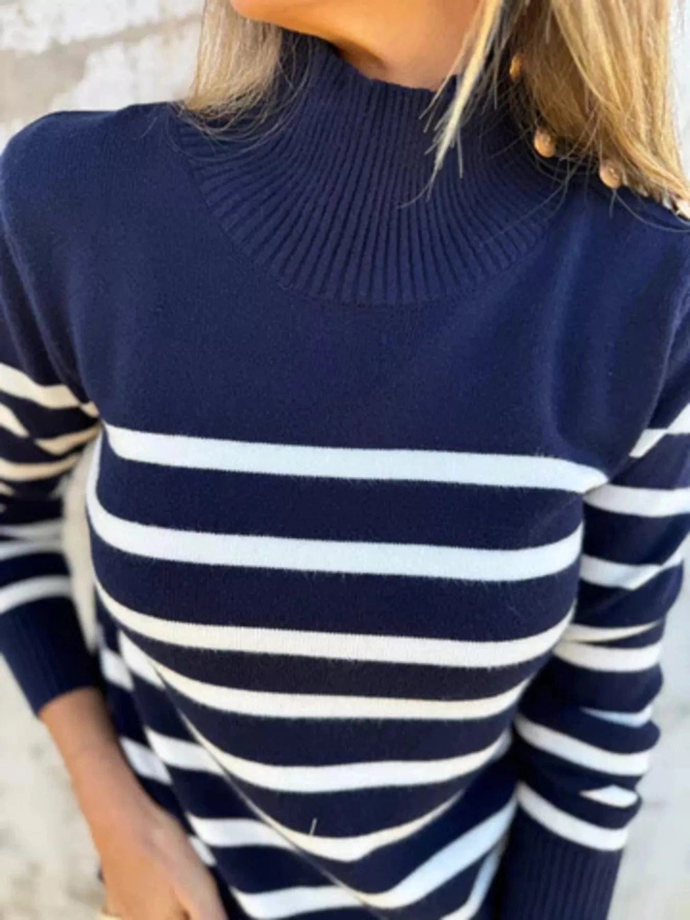 Women tops Dark Blue / S Full Size Striped Turtleneck Long Sleeve Sweater Plus Size Full Size Striped Turtleneck Long Sleeve Sweater Plus Size