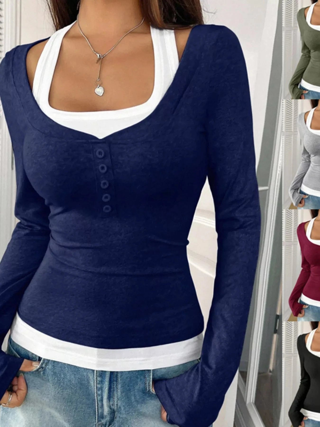 Women tops Dark Blue / S Scoop Neck Long Sleeve T-Shirt Scoop Neck Long Sleeve T-Shirt