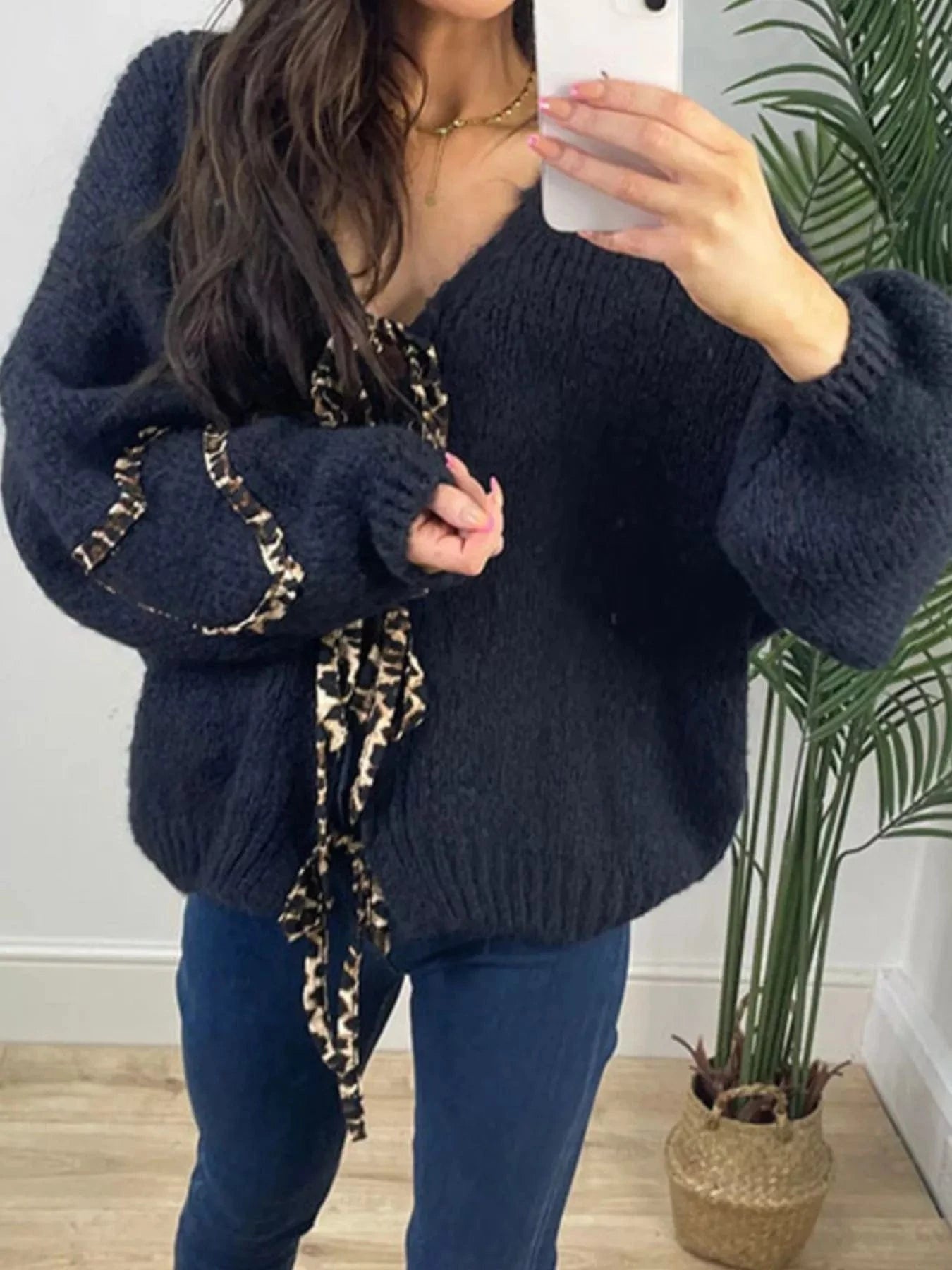 Women tops Dark Blue / S Tie Front Long Sleeve Sweater Tie Front Long Sleeve Sweater