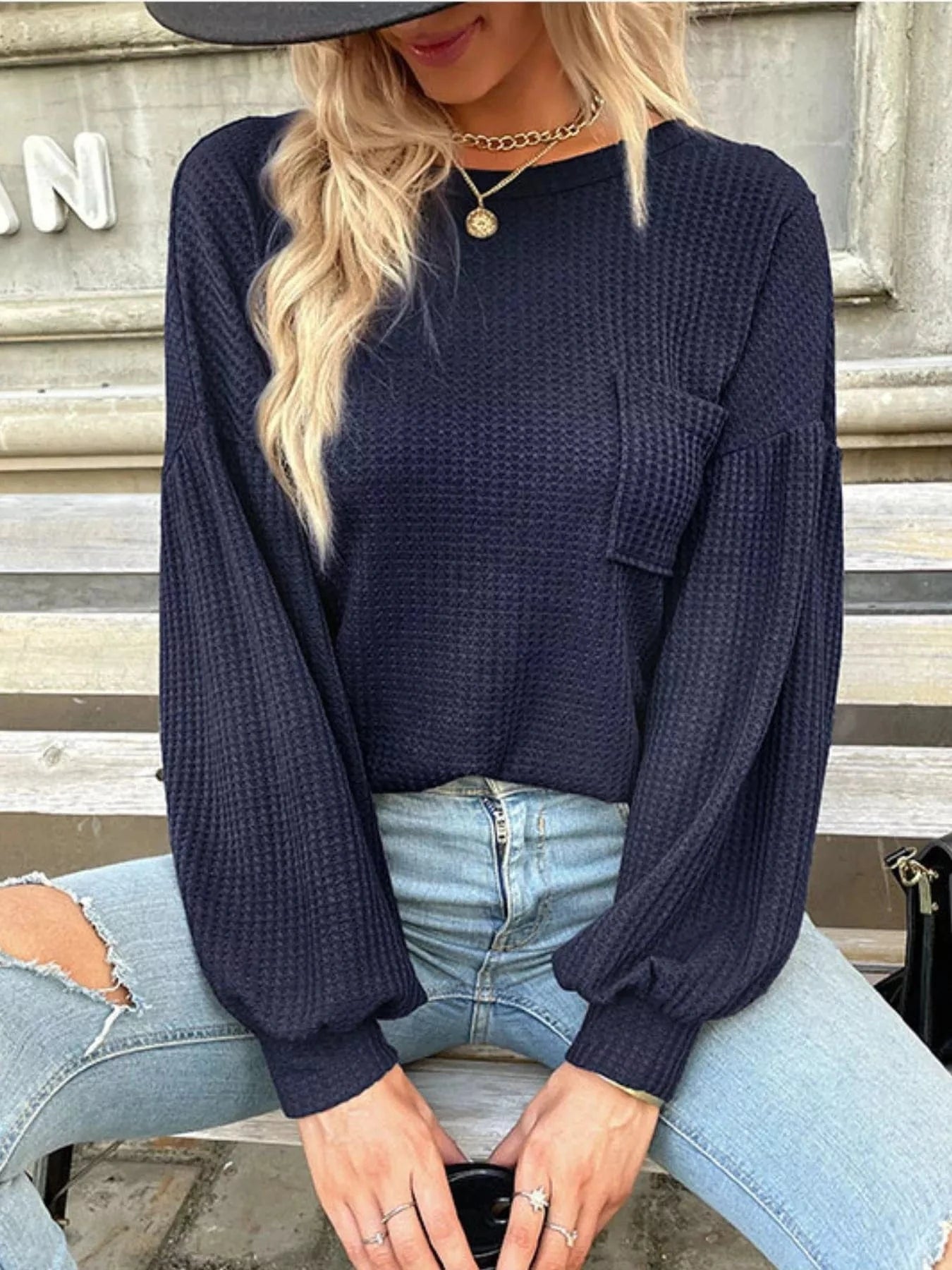 Women tops Dark Blue / S Waffle Knit Round Neck Top Waffle Knit Round Neck Top