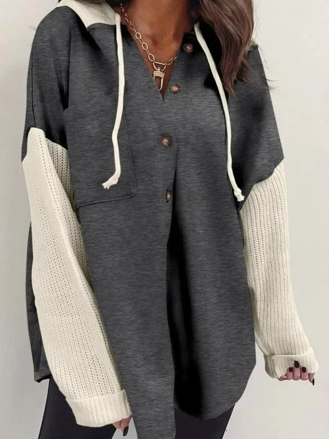 Women tops Dark Gray / S Drawstring Button Front Hoodie Drawstring Button Front Hoodie