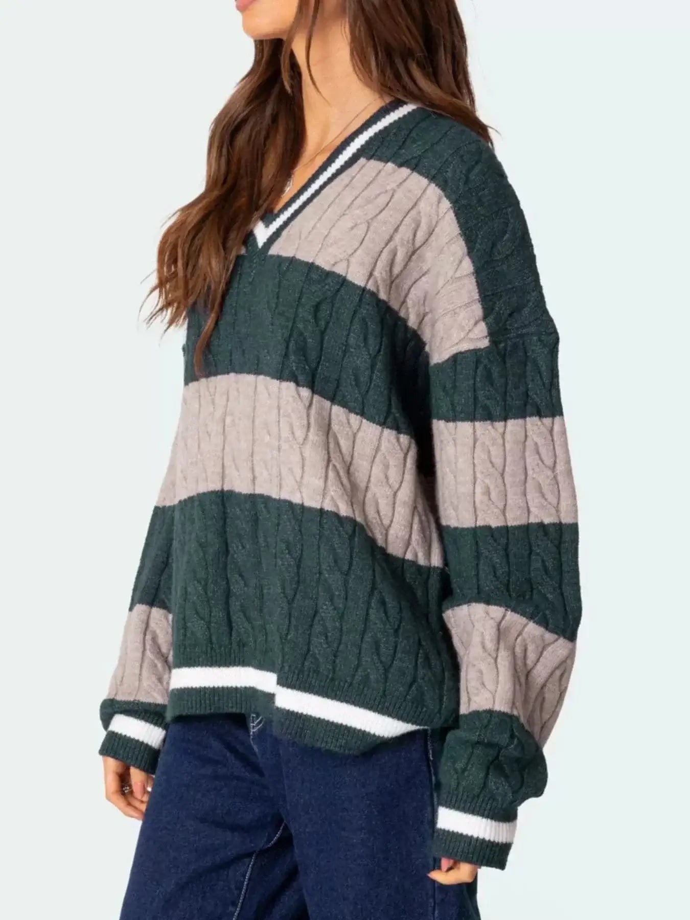 Women tops Dark Green / S Striped Cable Knit V-Neck Sweater Striped Cable Knit V-Neck Sweater