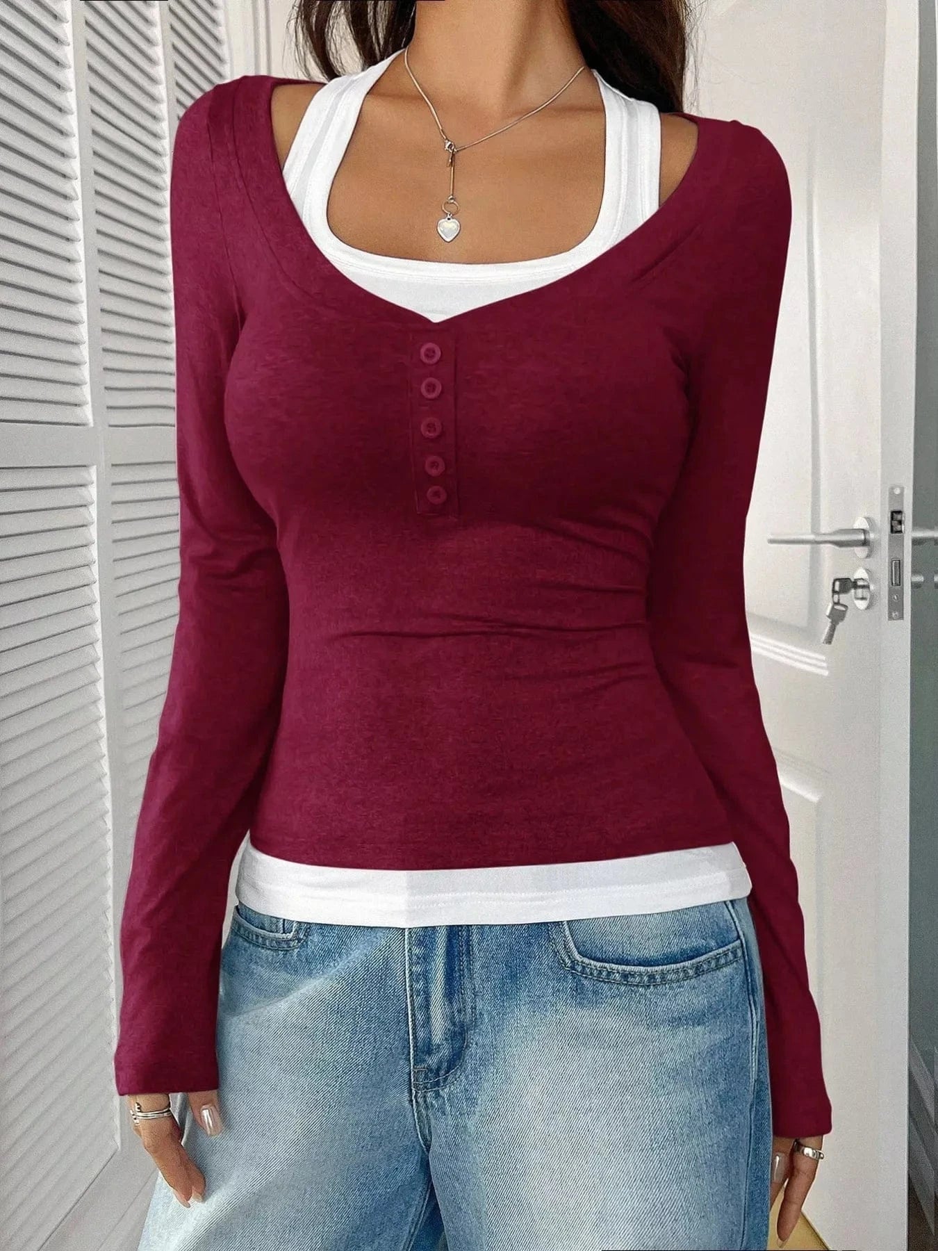 Women tops Deep Red / S Scoop Neck Long Sleeve T-Shirt Scoop Neck Long Sleeve T-Shirt
