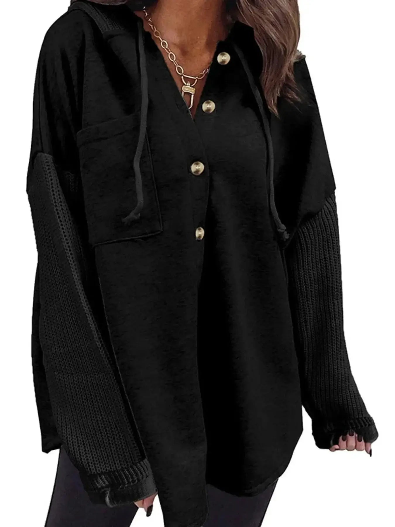 Women tops Drawstring Button Front Hoodie Drawstring Button Front Hoodie