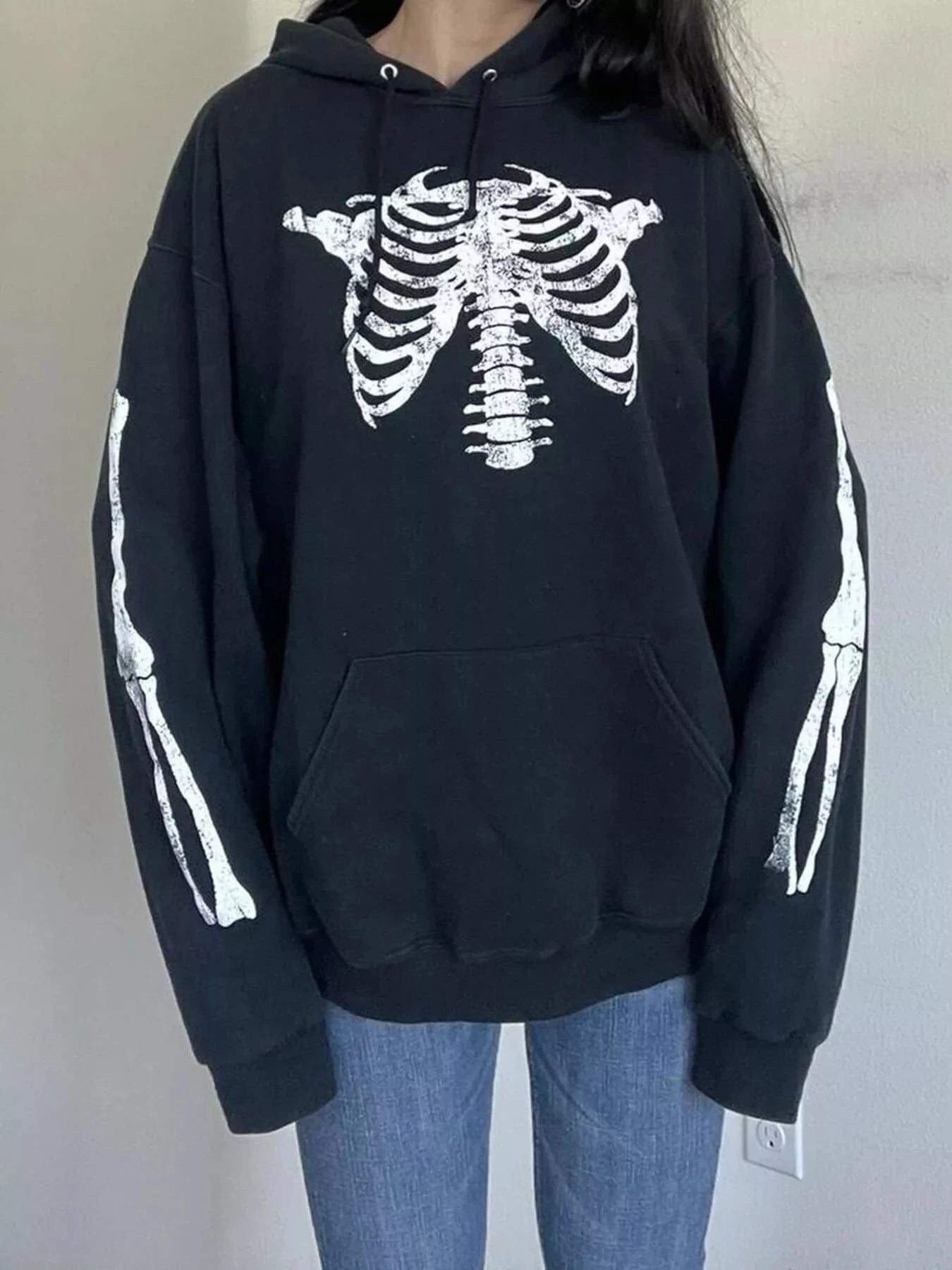 Women tops Drawstring Skeleton Long Sleeve Hoodie Drawstring Skeleton Long Sleeve Hoodie