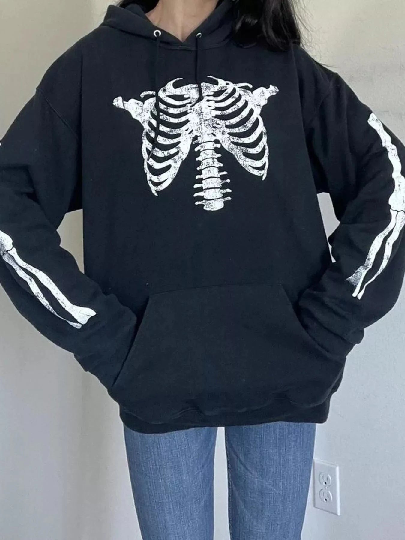 Women tops Drawstring Skeleton Long Sleeve Hoodie Drawstring Skeleton Long Sleeve Hoodie