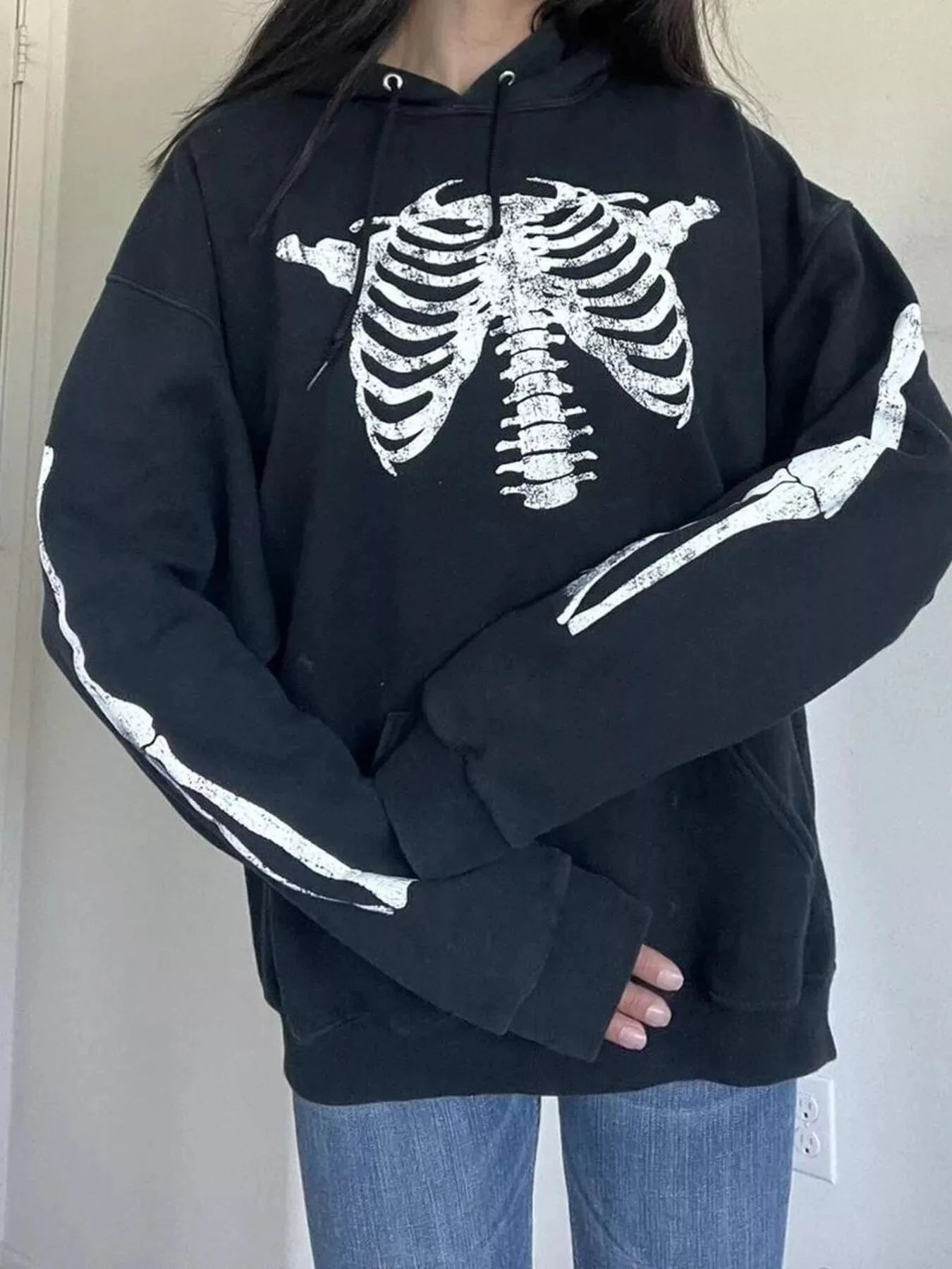 Women tops Drawstring Skeleton Long Sleeve Hoodie Drawstring Skeleton Long Sleeve Hoodie