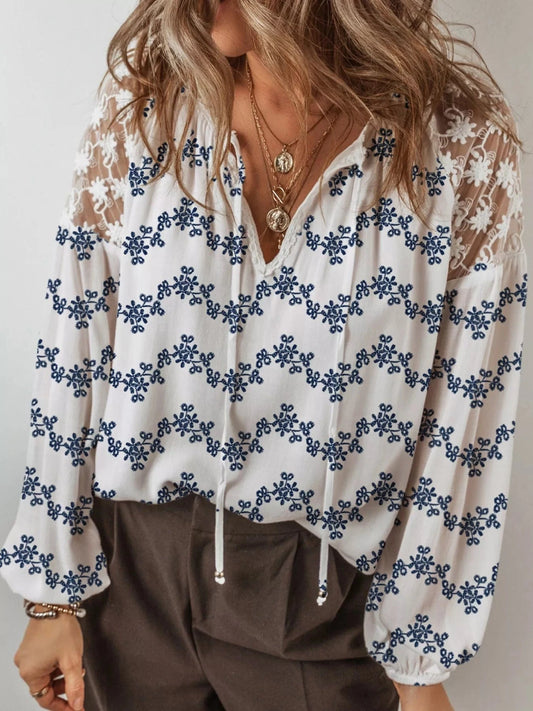 Women tops Dusty Blue / S Printed Tie Neck Lace Long Sleeve Blouse Printed Tie Neck Lace Long Sleeve Blouse