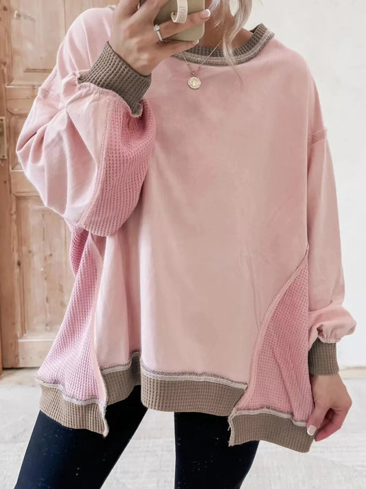 Women tops Dusty Pink / S Color Block Mix Texture Waffle Patchwork Oversize Sweatshirt Color Block Mix Texture Waffle Patchwork Oversize Sweatshirt