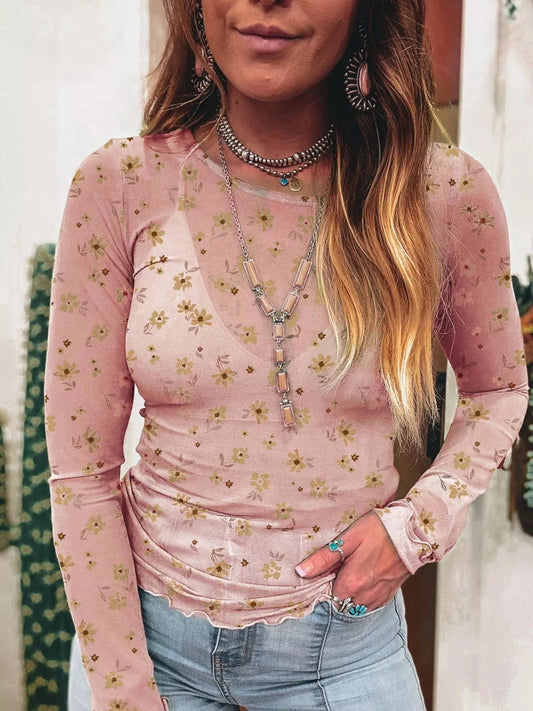 Women tops Dusty Pink / S Floral Print Long Sleeve Mesh Blouse Floral Print Long Sleeve Mesh Blouse
