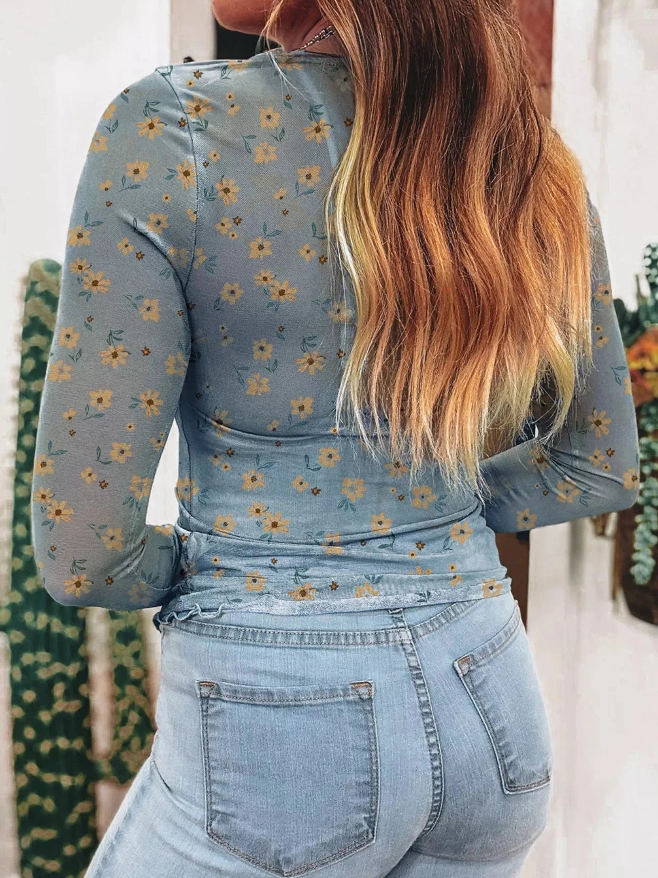 Women tops Floral Print Long Sleeve Mesh Blouse Floral Print Long Sleeve Mesh Blouse