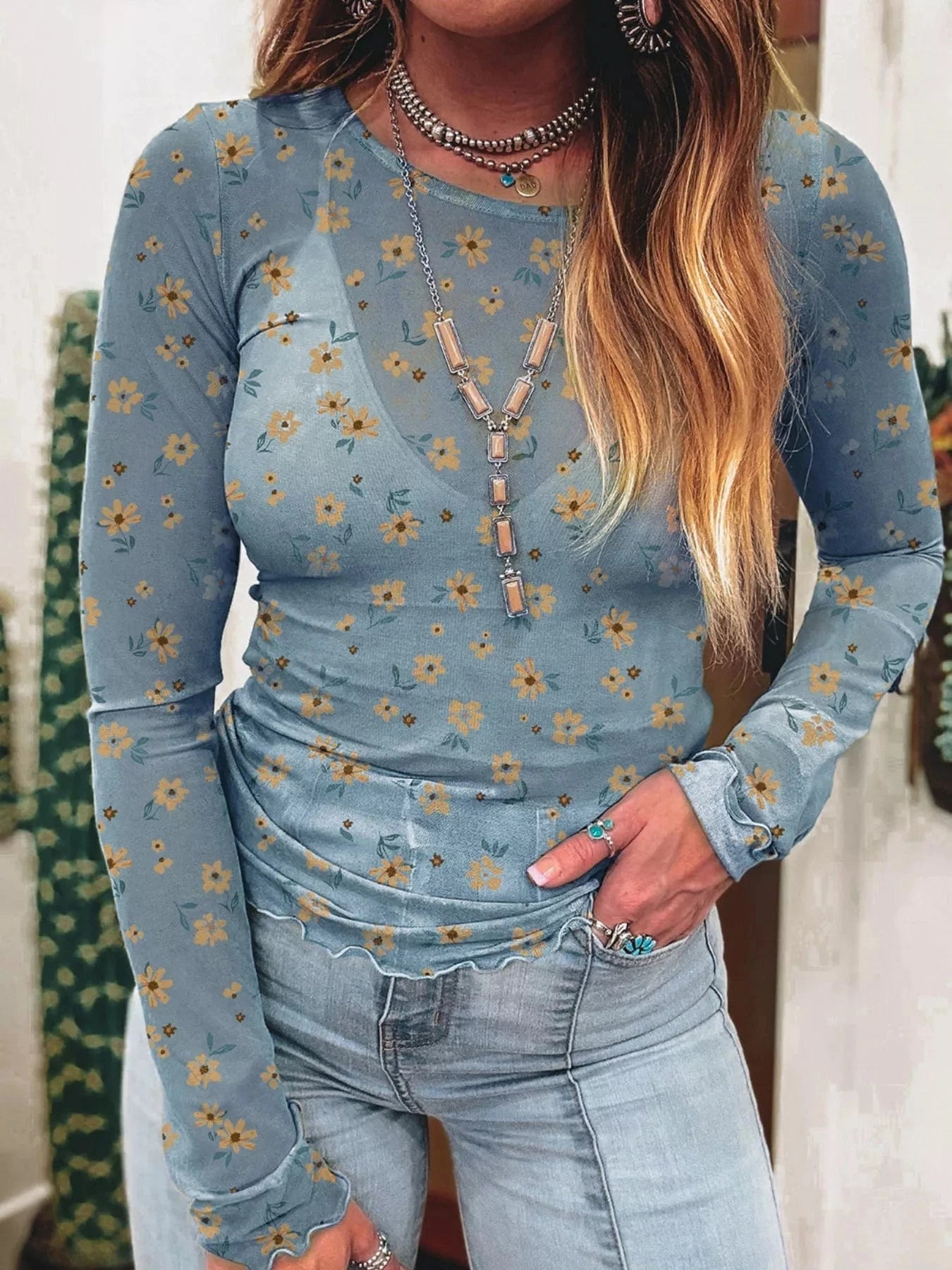 Women tops Floral Print Long Sleeve Mesh Blouse Floral Print Long Sleeve Mesh Blouse