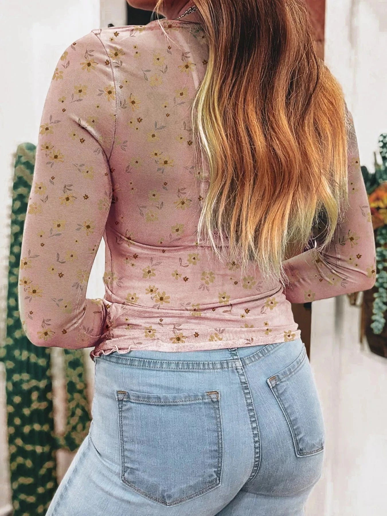Women tops Floral Print Long Sleeve Mesh Blouse Floral Print Long Sleeve Mesh Blouse