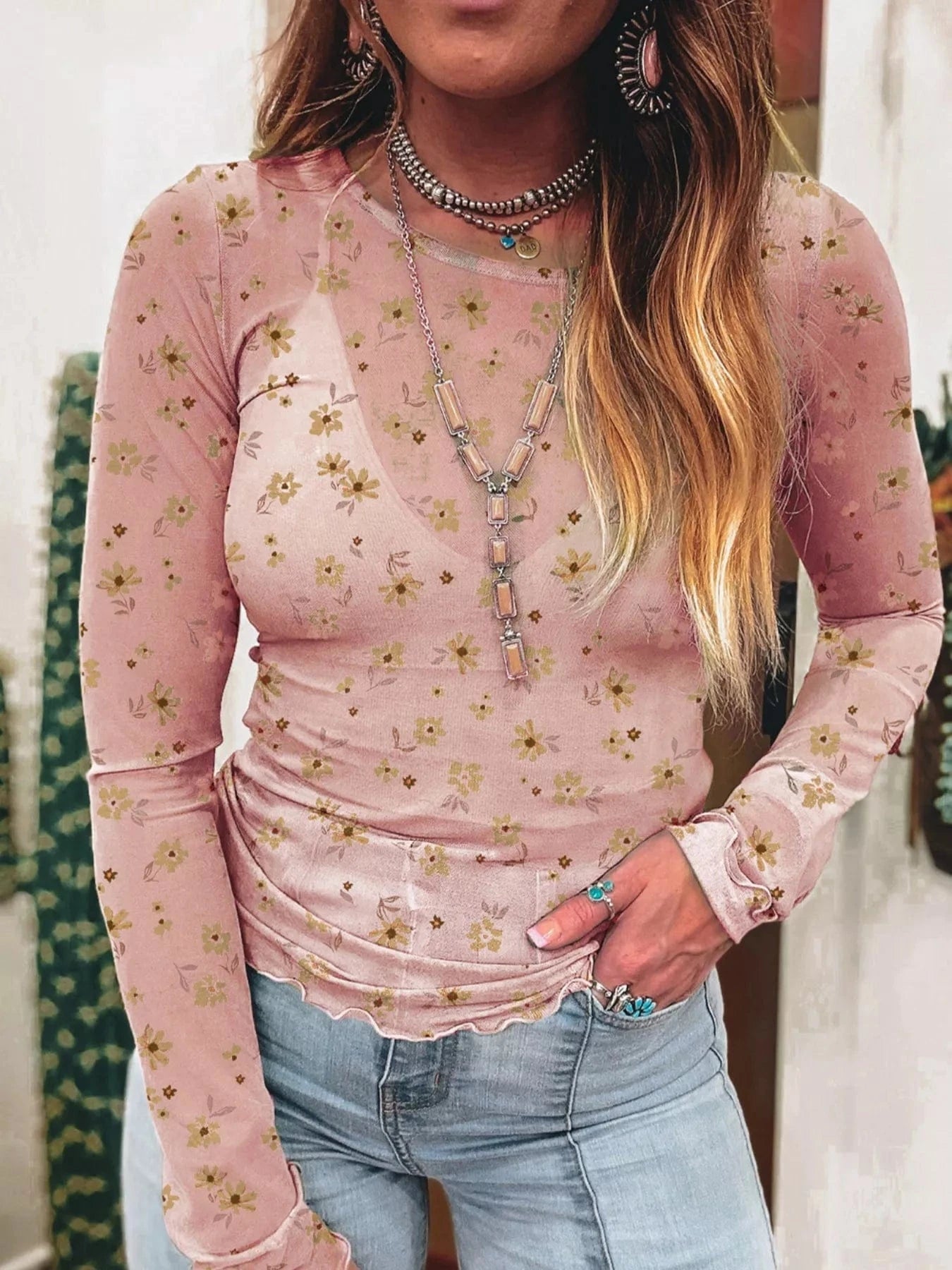 Women tops Floral Print Long Sleeve Mesh Blouse Floral Print Long Sleeve Mesh Blouse