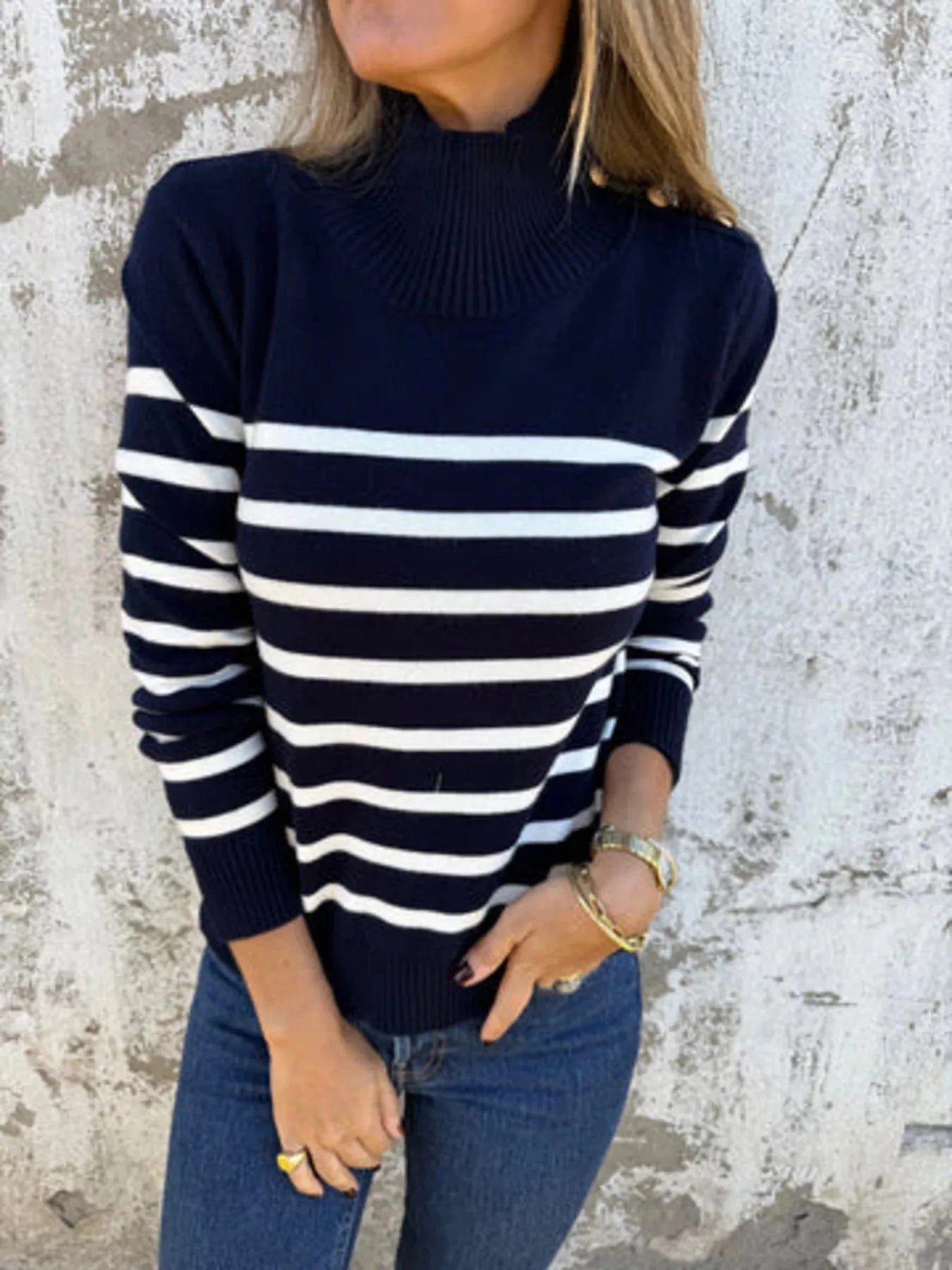 Women tops Full Size Striped Turtleneck Long Sleeve Sweater Plus Size Full Size Striped Turtleneck Long Sleeve Sweater Plus Size
