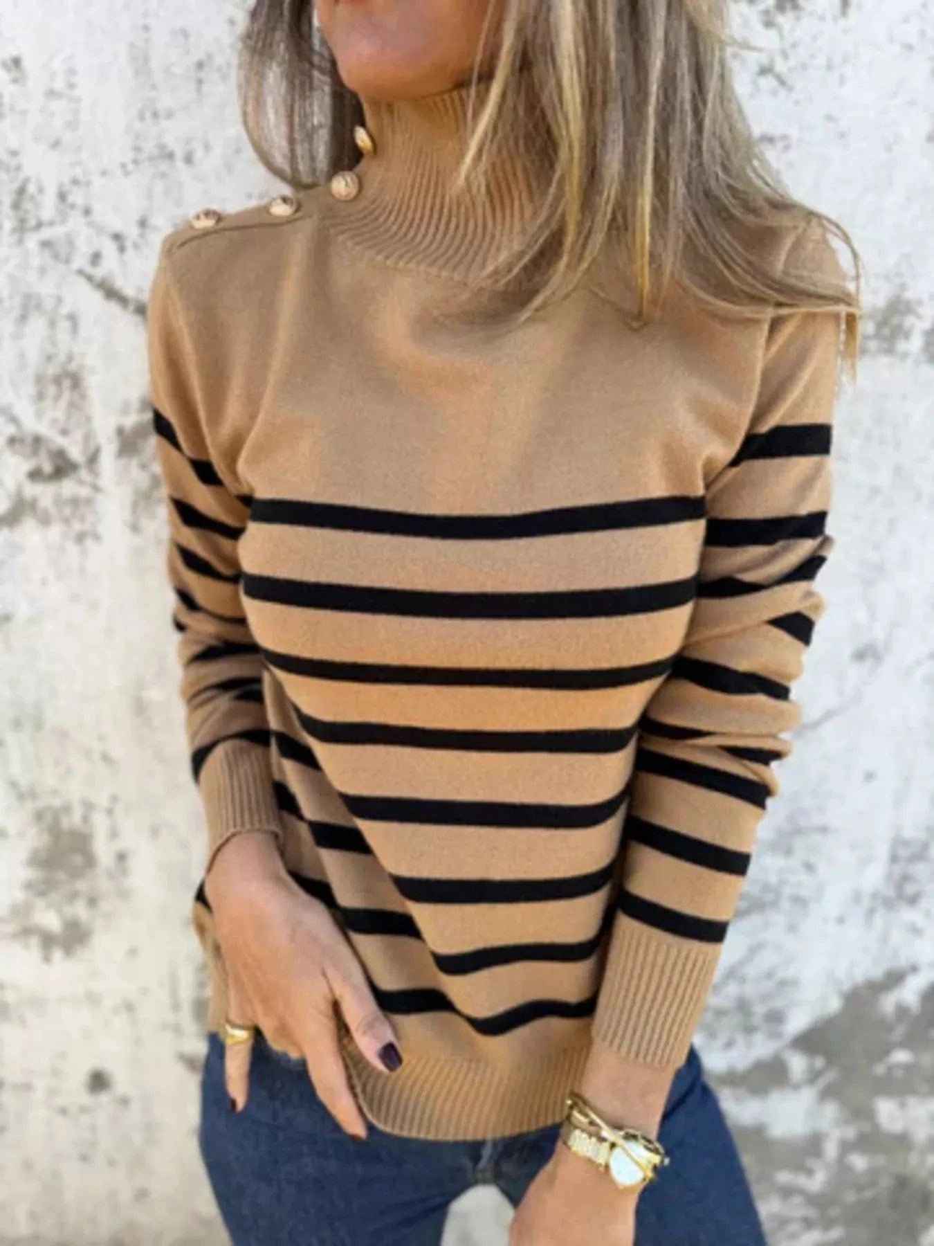 Women tops Full Size Striped Turtleneck Long Sleeve Sweater Plus Size Full Size Striped Turtleneck Long Sleeve Sweater Plus Size