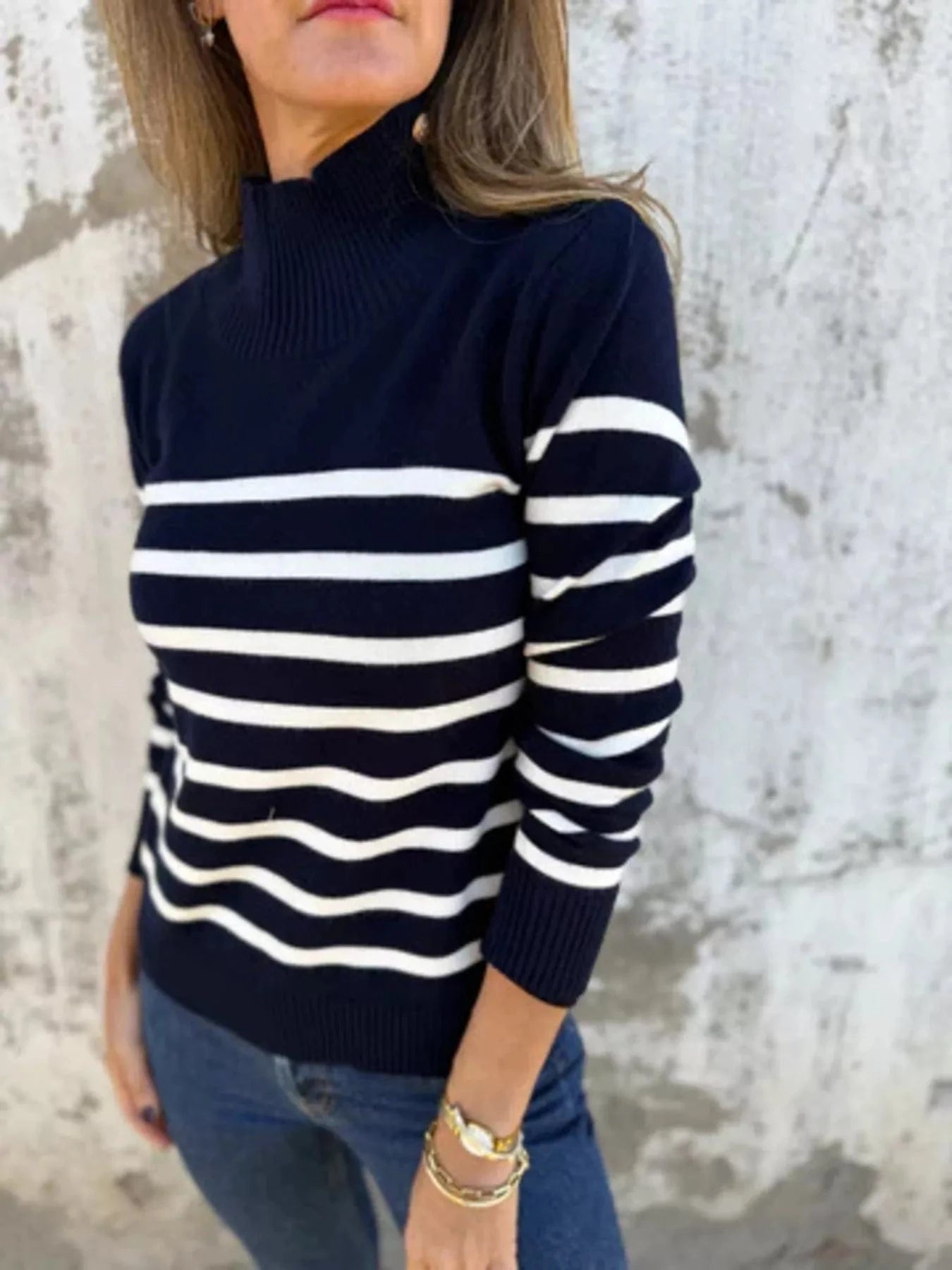 Women tops Full Size Striped Turtleneck Long Sleeve Sweater Plus Size Full Size Striped Turtleneck Long Sleeve Sweater Plus Size