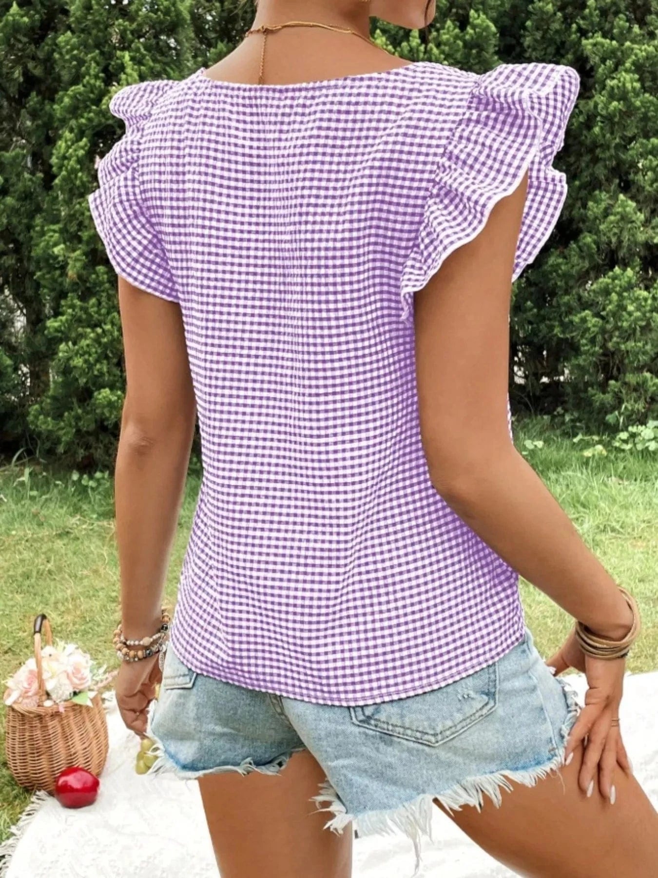 Women tops Gingham Ruffle Sleeve Square Neck Blouse Gingham Ruffle Sleeve Square Neck Blouse