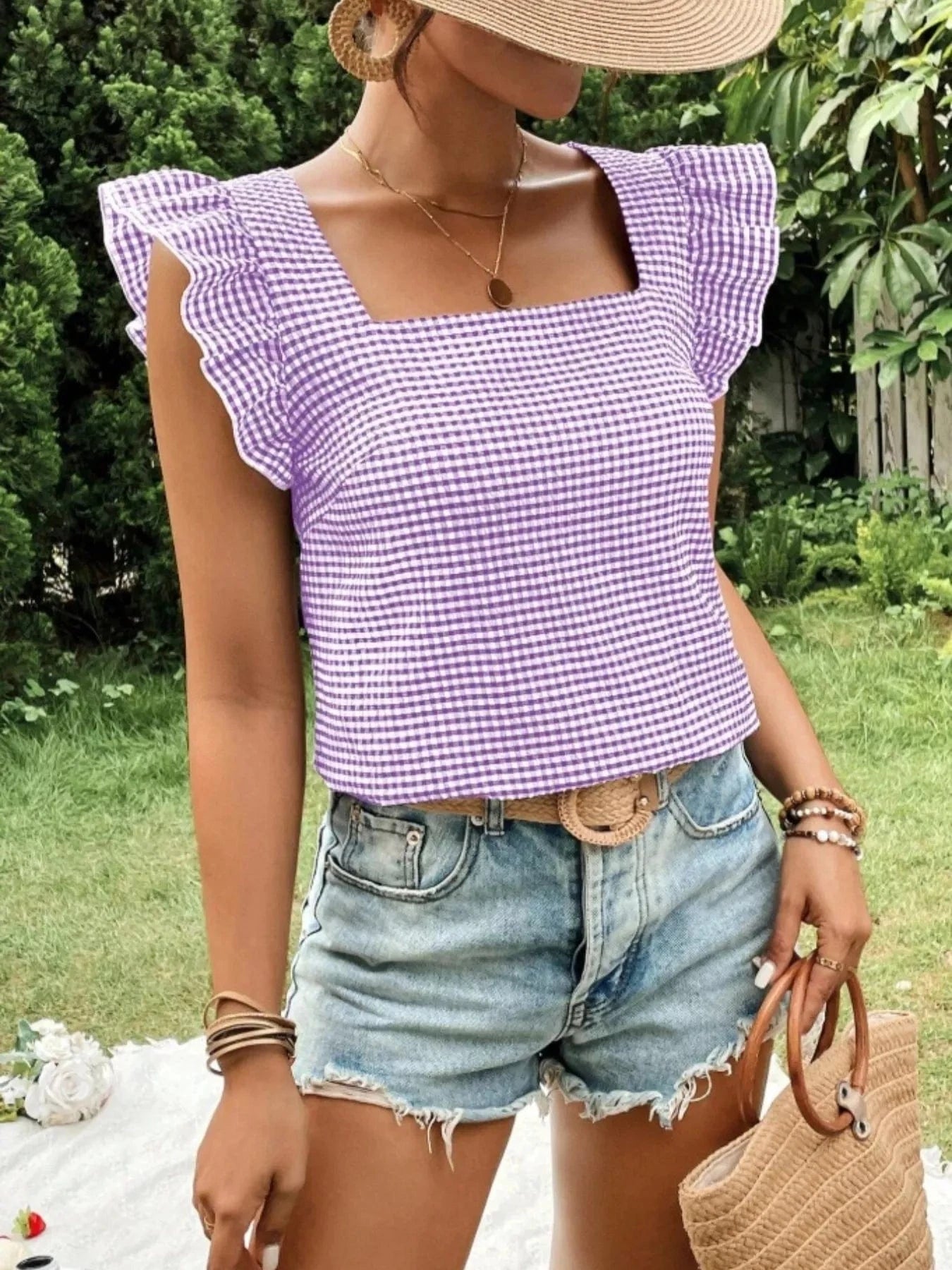 Women tops Gingham Ruffle Sleeve Square Neck Blouse Gingham Ruffle Sleeve Square Neck Blouse