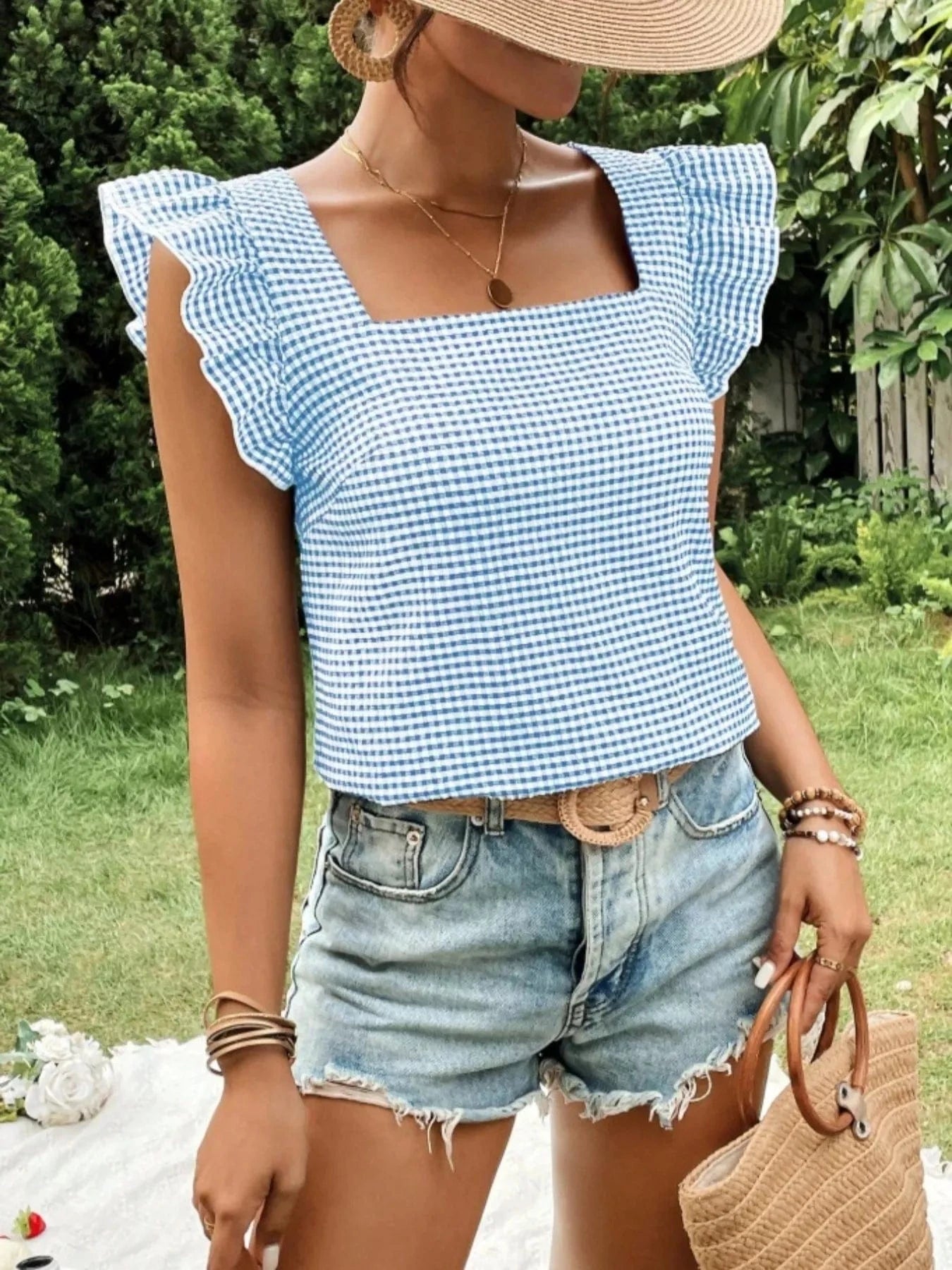 Women tops Gingham Ruffle Sleeve Square Neck Blouse Gingham Ruffle Sleeve Square Neck Blouse