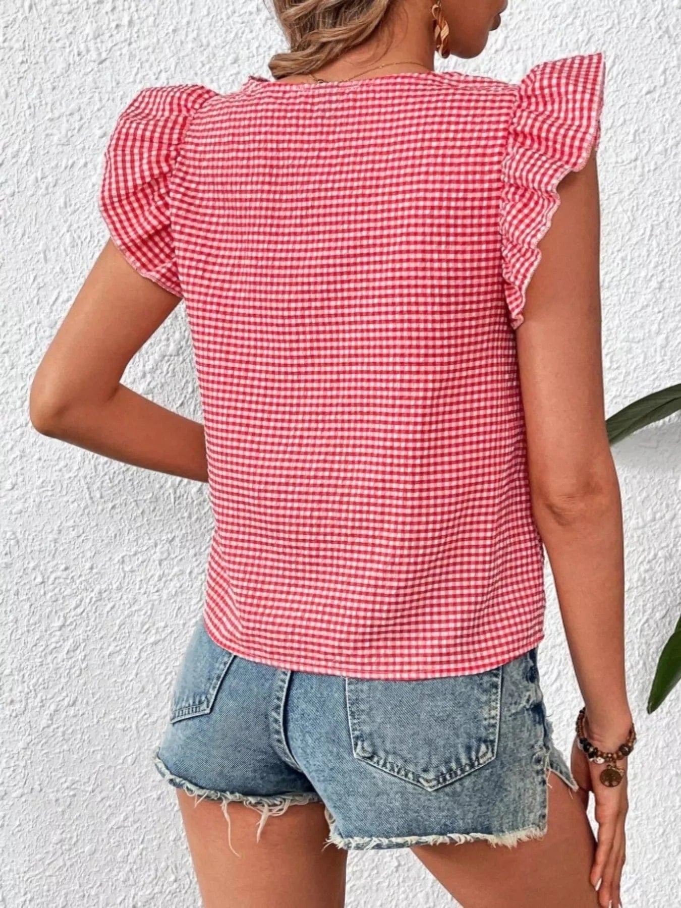 Women tops Gingham Ruffle Sleeve Square Neck Blouse Gingham Ruffle Sleeve Square Neck Blouse