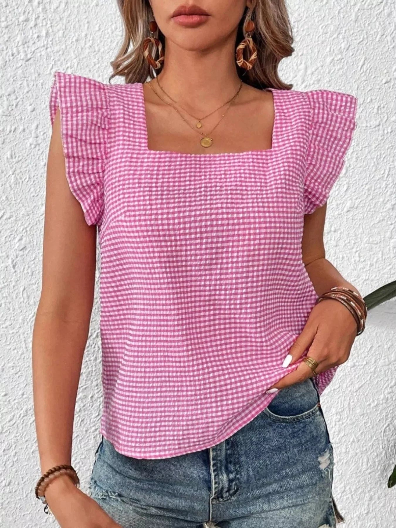Women tops Gingham Ruffle Sleeve Square Neck Blouse Gingham Ruffle Sleeve Square Neck Blouse