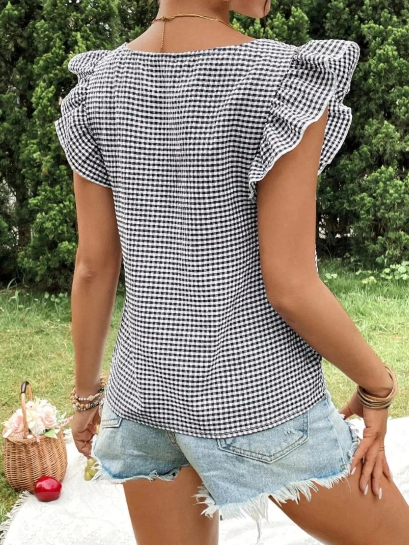 Women tops Gingham Ruffle Sleeve Square Neck Blouse Gingham Ruffle Sleeve Square Neck Blouse