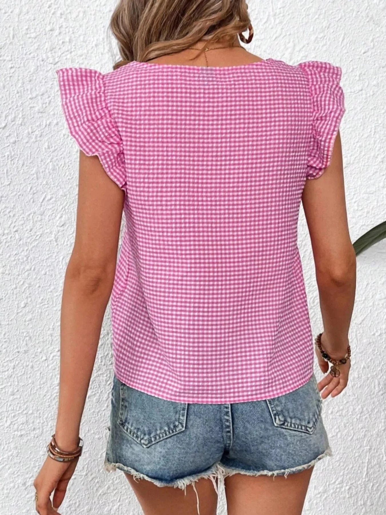Women tops Gingham Ruffle Sleeve Square Neck Blouse Gingham Ruffle Sleeve Square Neck Blouse