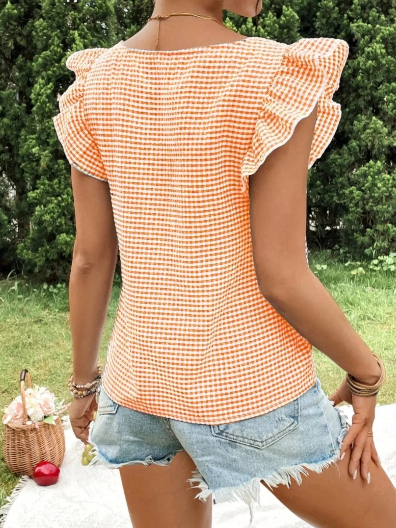 Women tops Gingham Ruffle Sleeve Square Neck Blouse Gingham Ruffle Sleeve Square Neck Blouse