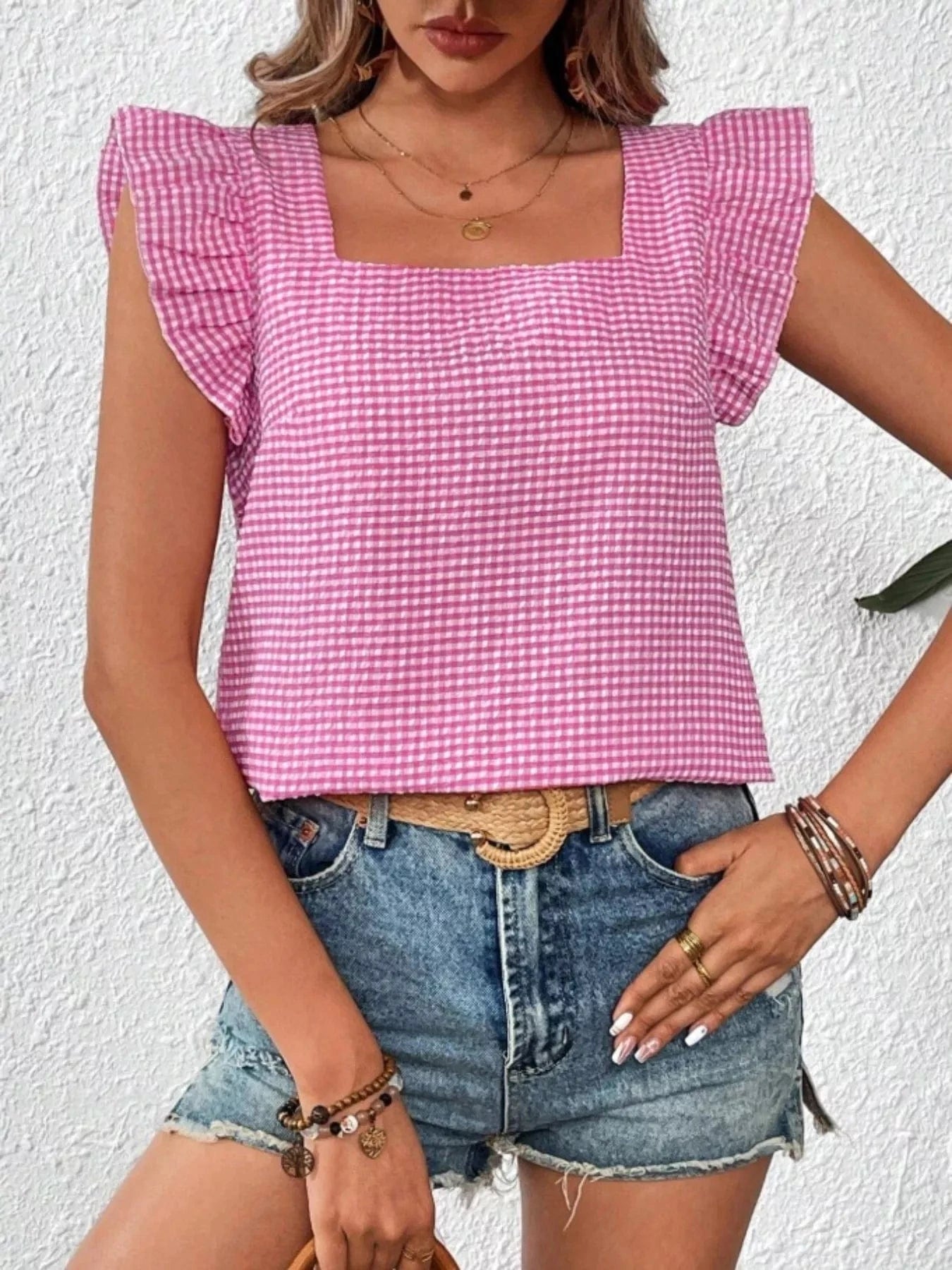 Women tops Gingham Ruffle Sleeve Square Neck Blouse Gingham Ruffle Sleeve Square Neck Blouse